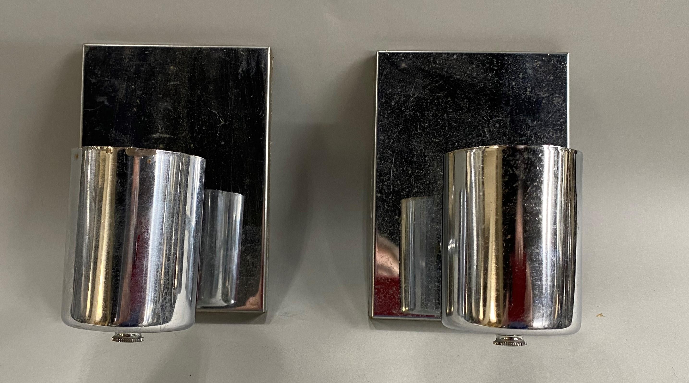 A collection of designer Lite Trend Mid-Century Modern chrome Signal light sconces with vertical rectangular back plates, great for accent or hallway lighting, in good overall condition, with some surface or edge imperfections, losses, light spots