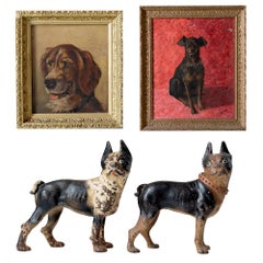 Vintage Collection of Dog Oil Paintings and Cast Iron Door Stops, circa 1880-1960
