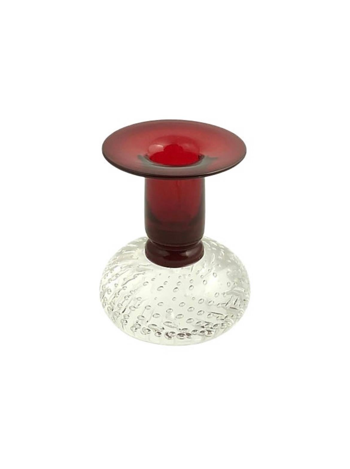 Pairpoint model VS-2224(B) red cornucopia vase with an applied controlled bubble base. Bubble base: 3