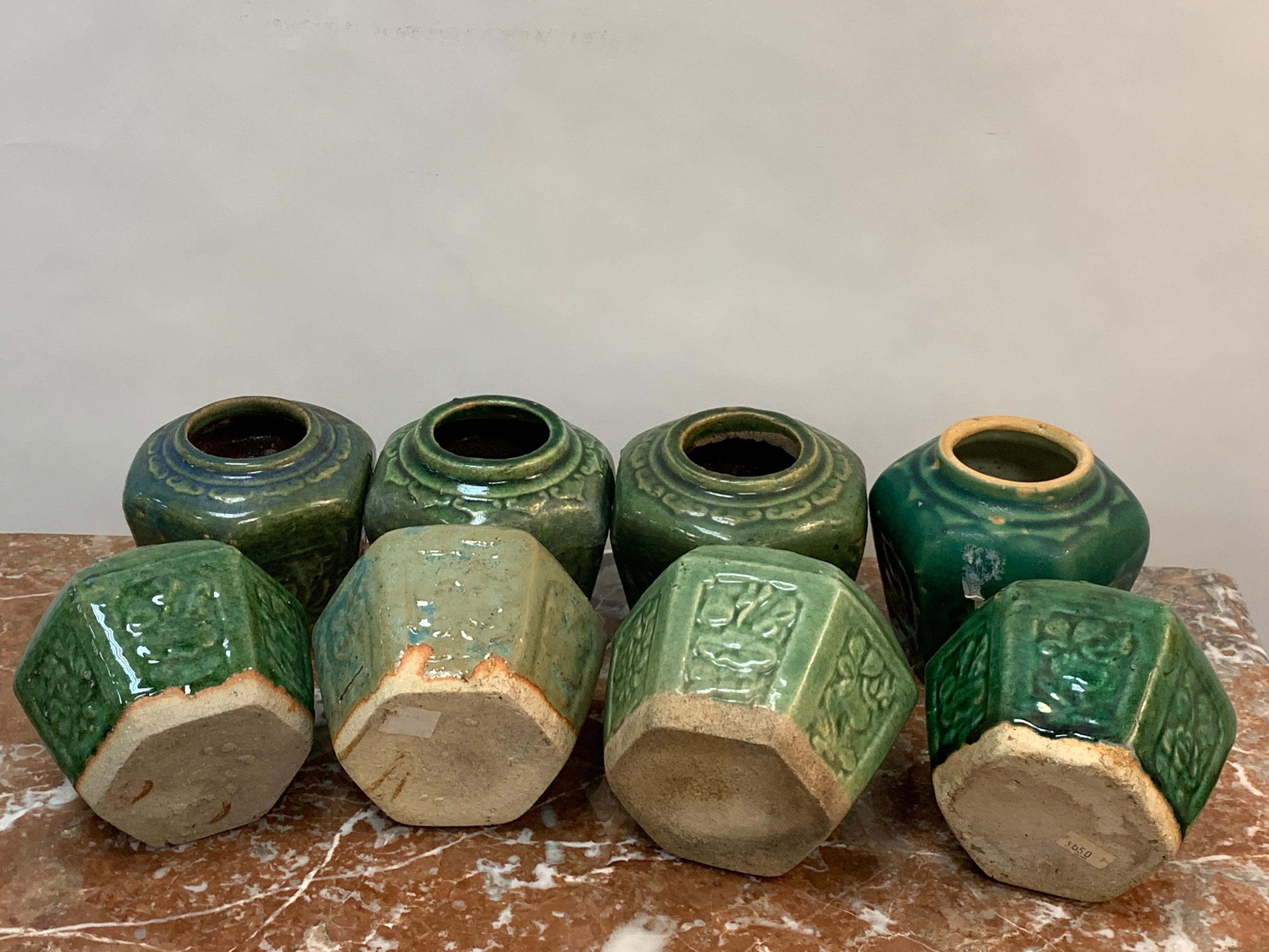Collection of Eight Chinese Export Hexagonal Vases in Shades of Green For Sale 6