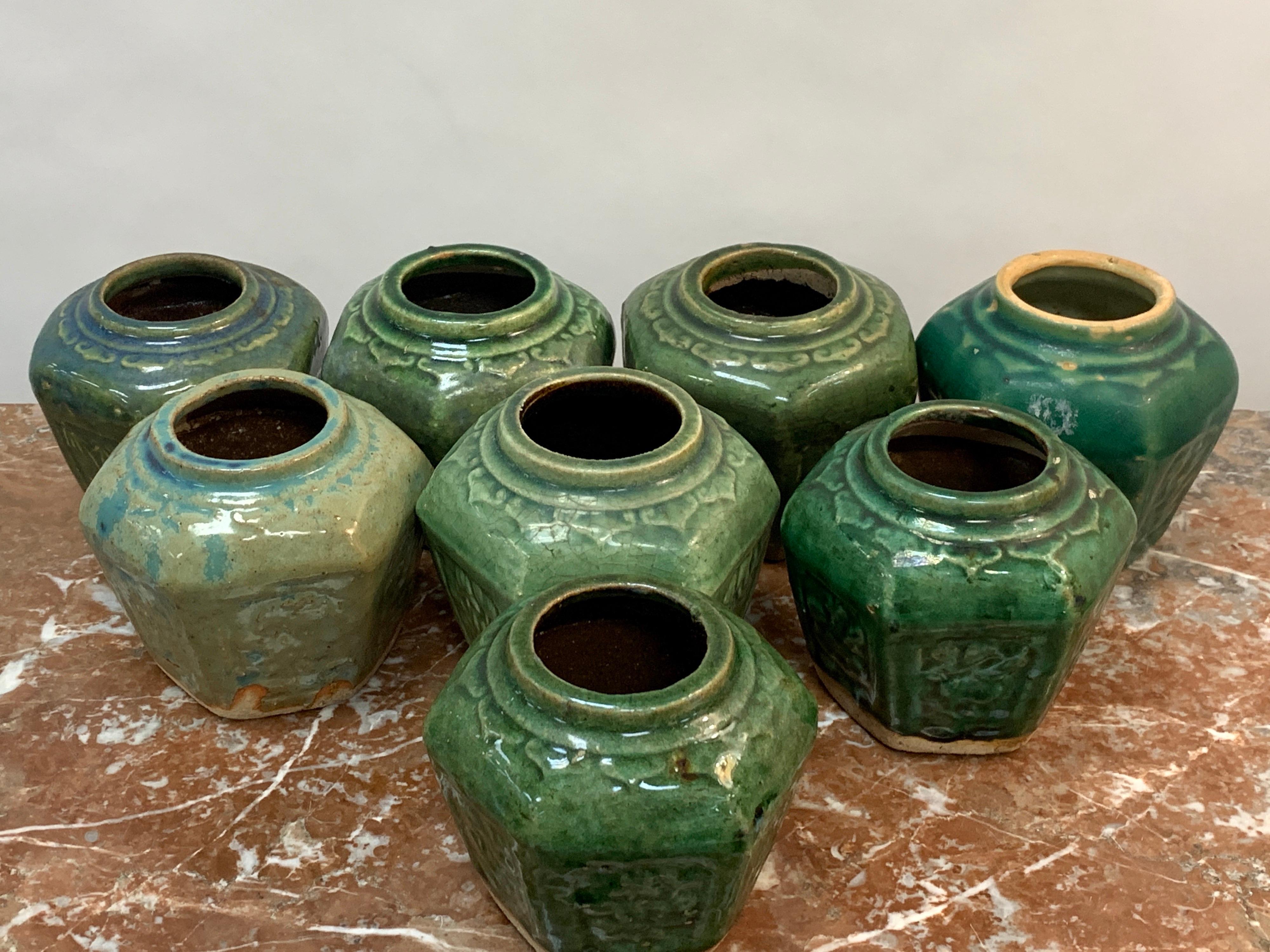 Glazed Collection of Eight Chinese Export Hexagonal Vases in Shades of Green For Sale