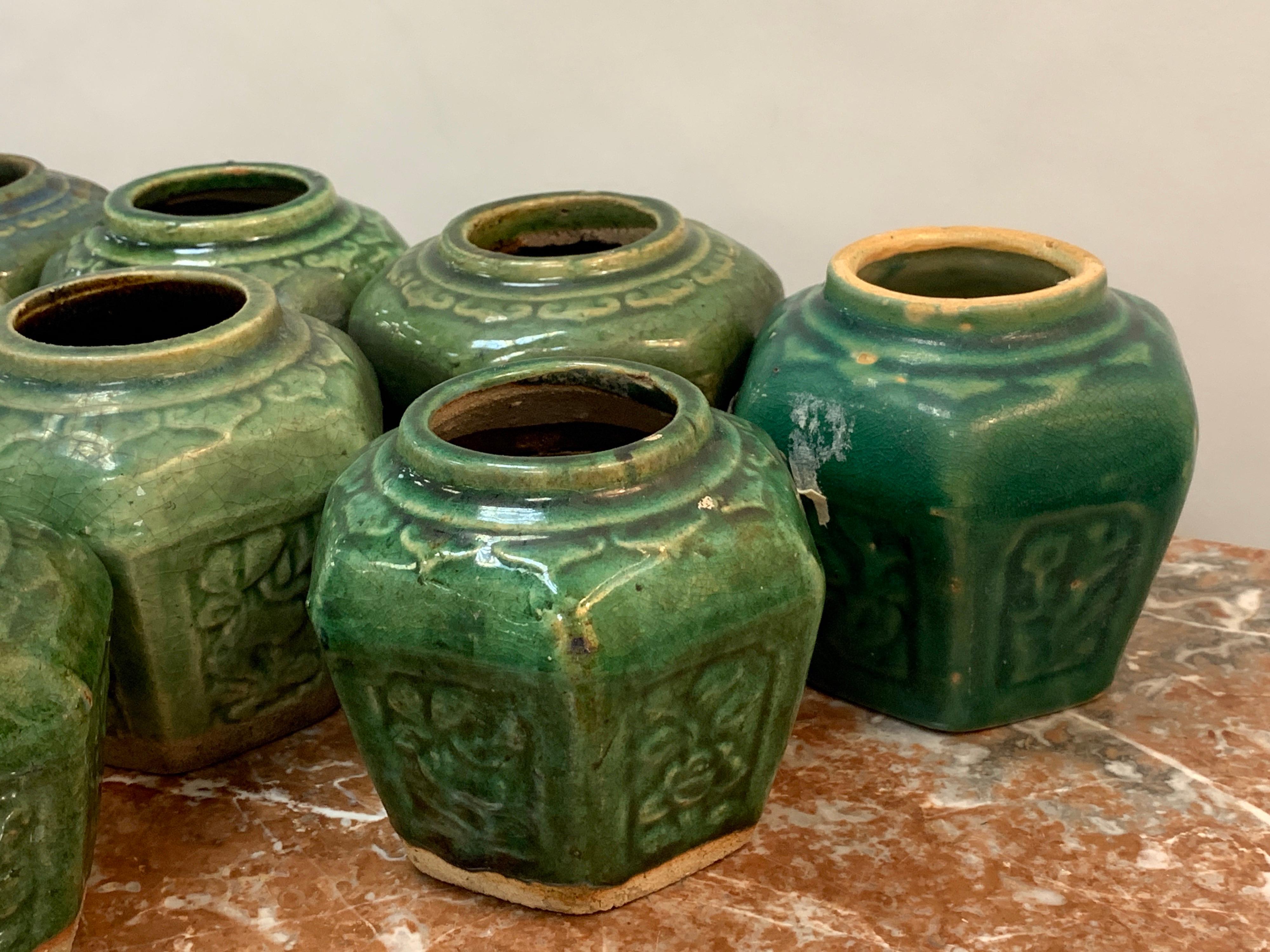 Collection of Eight Chinese Export Hexagonal Vases in Shades of Green In Good Condition For Sale In Atlanta, GA