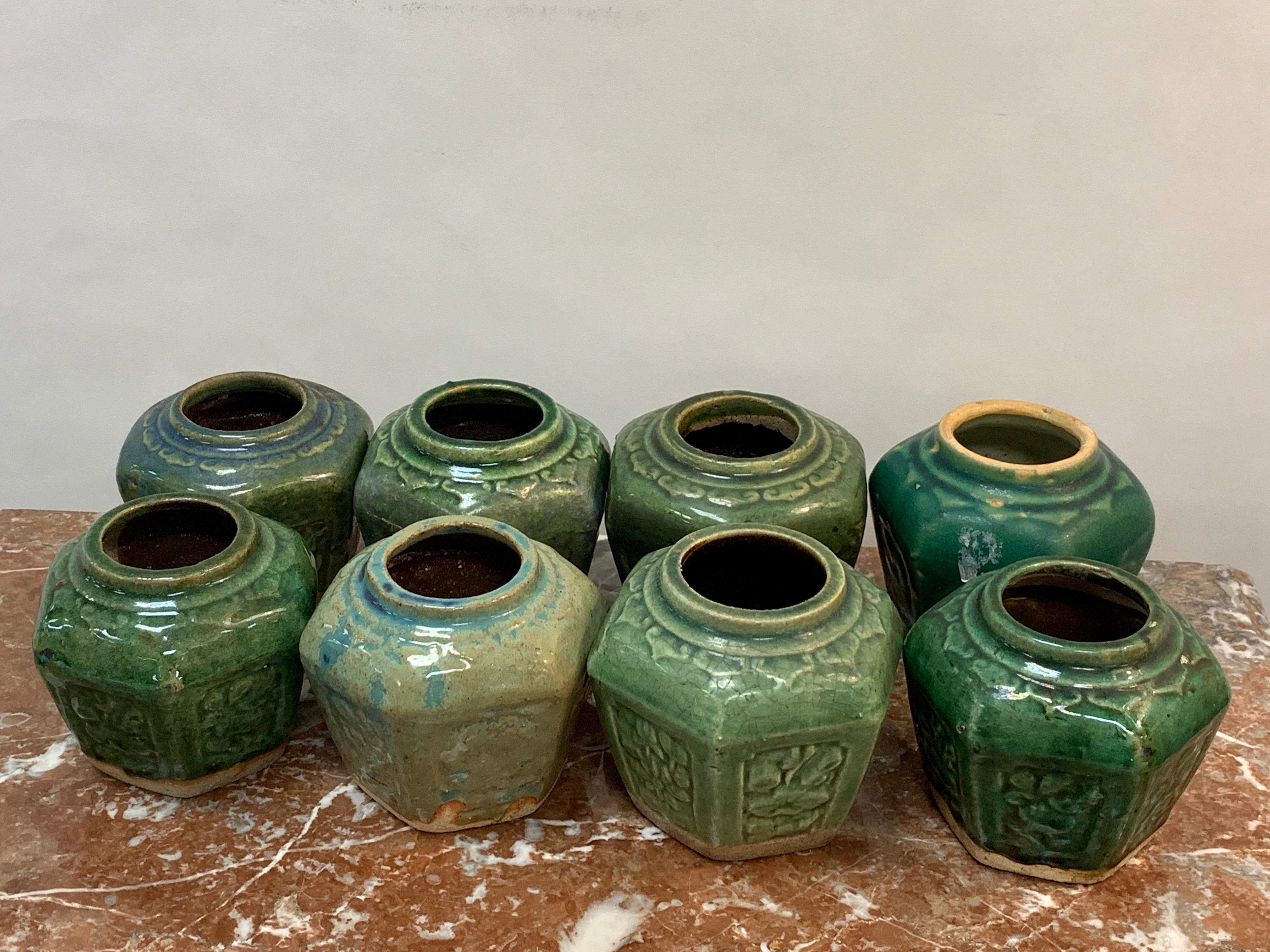 20th Century Collection of Eight Chinese Export Hexagonal Vases in Shades of Green For Sale