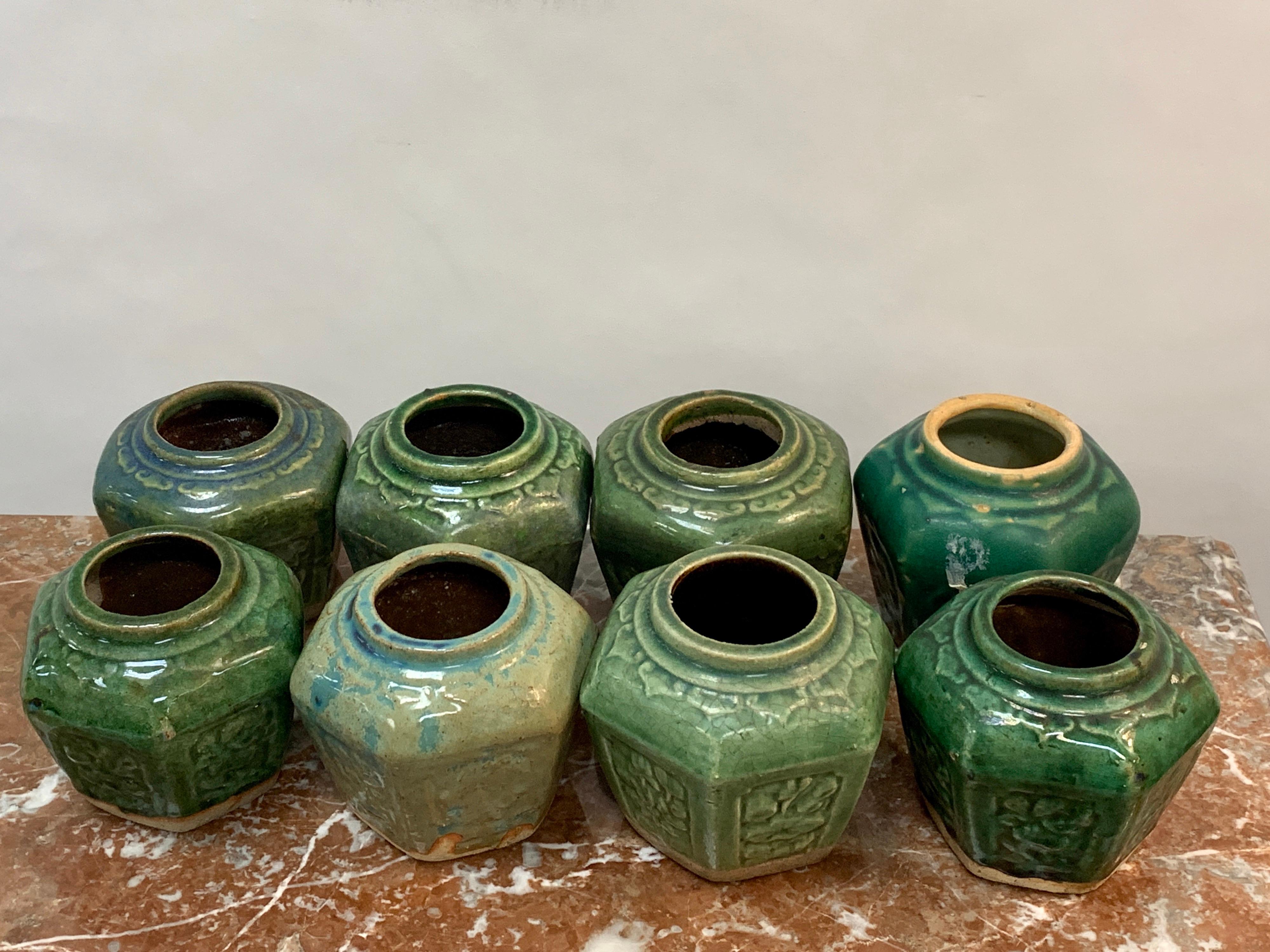 Pottery Collection of Eight Chinese Export Hexagonal Vases in Shades of Green For Sale