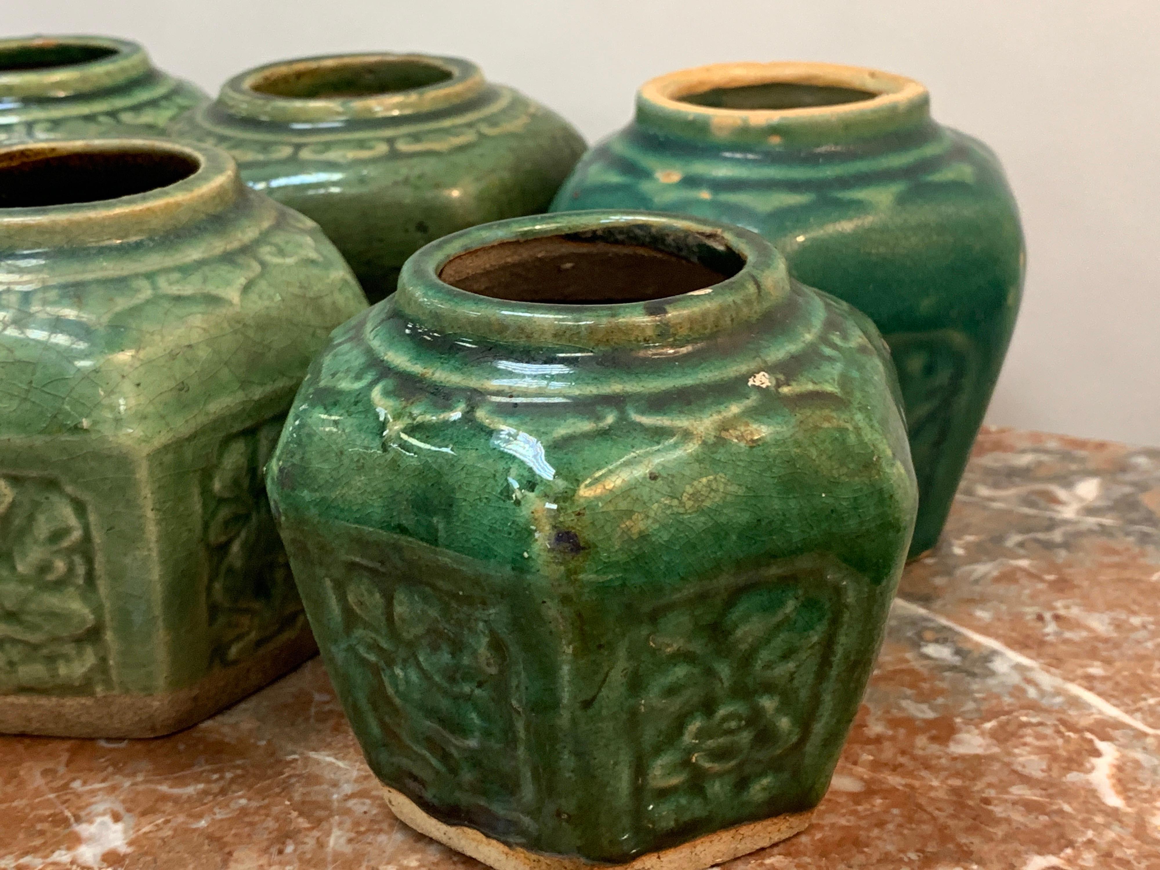 Collection of Eight Chinese Export Hexagonal Vases in Shades of Green For Sale 1