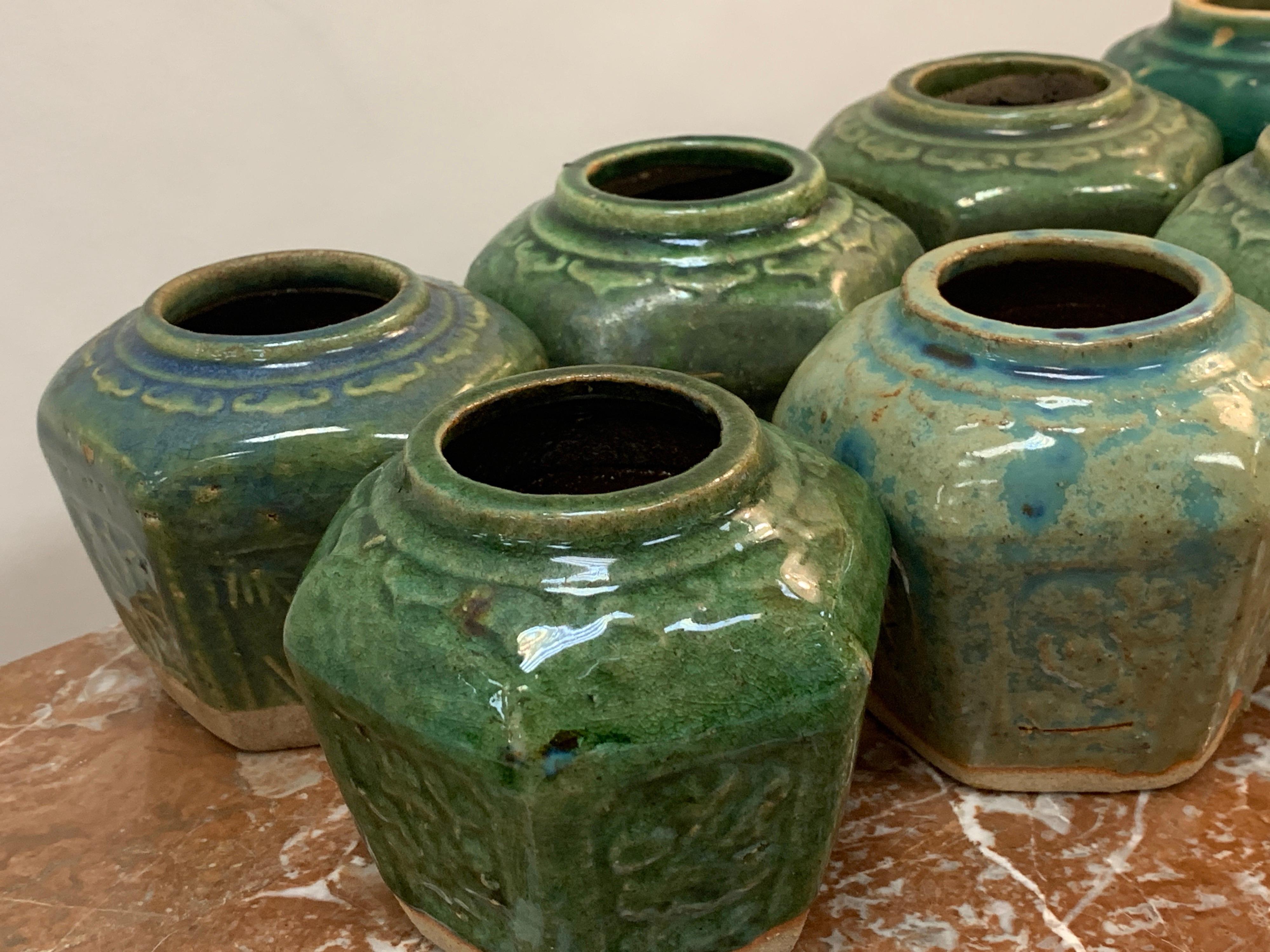 Collection of Eight Chinese Export Hexagonal Vases in Shades of Green For Sale 2
