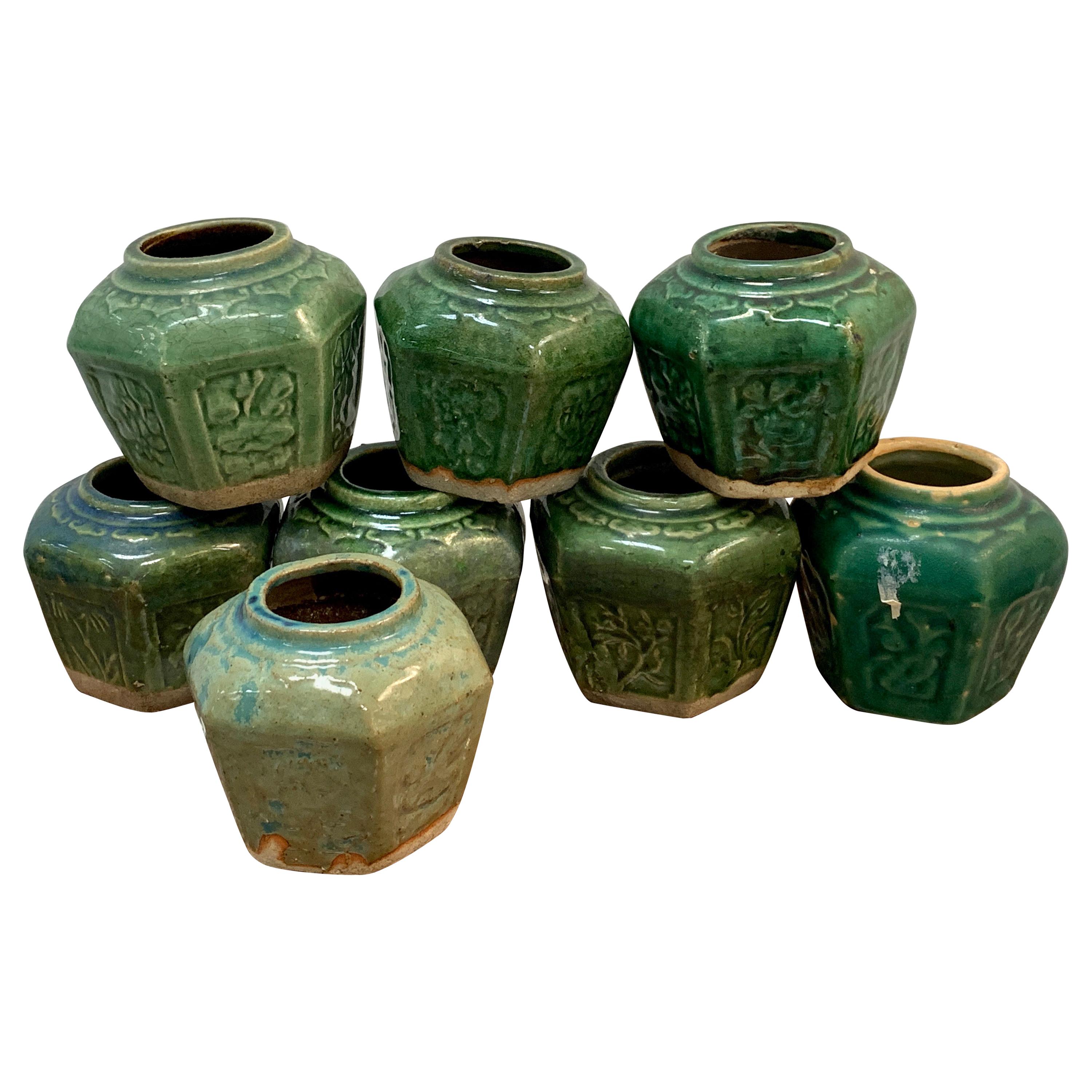 Collection of Eight Chinese Export Hexagonal Vases in Shades of Green For Sale