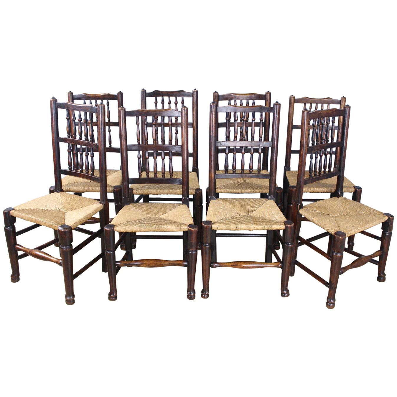 Collection of Eight Early 19th Century Ash and Elm Lancashire Spindleback Chairs