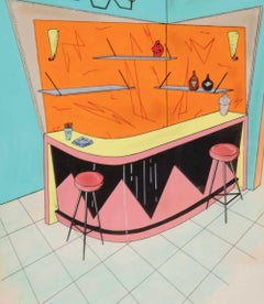 Collection of Eight Mid-Century Modern Interior & Furniture Design Watercolours