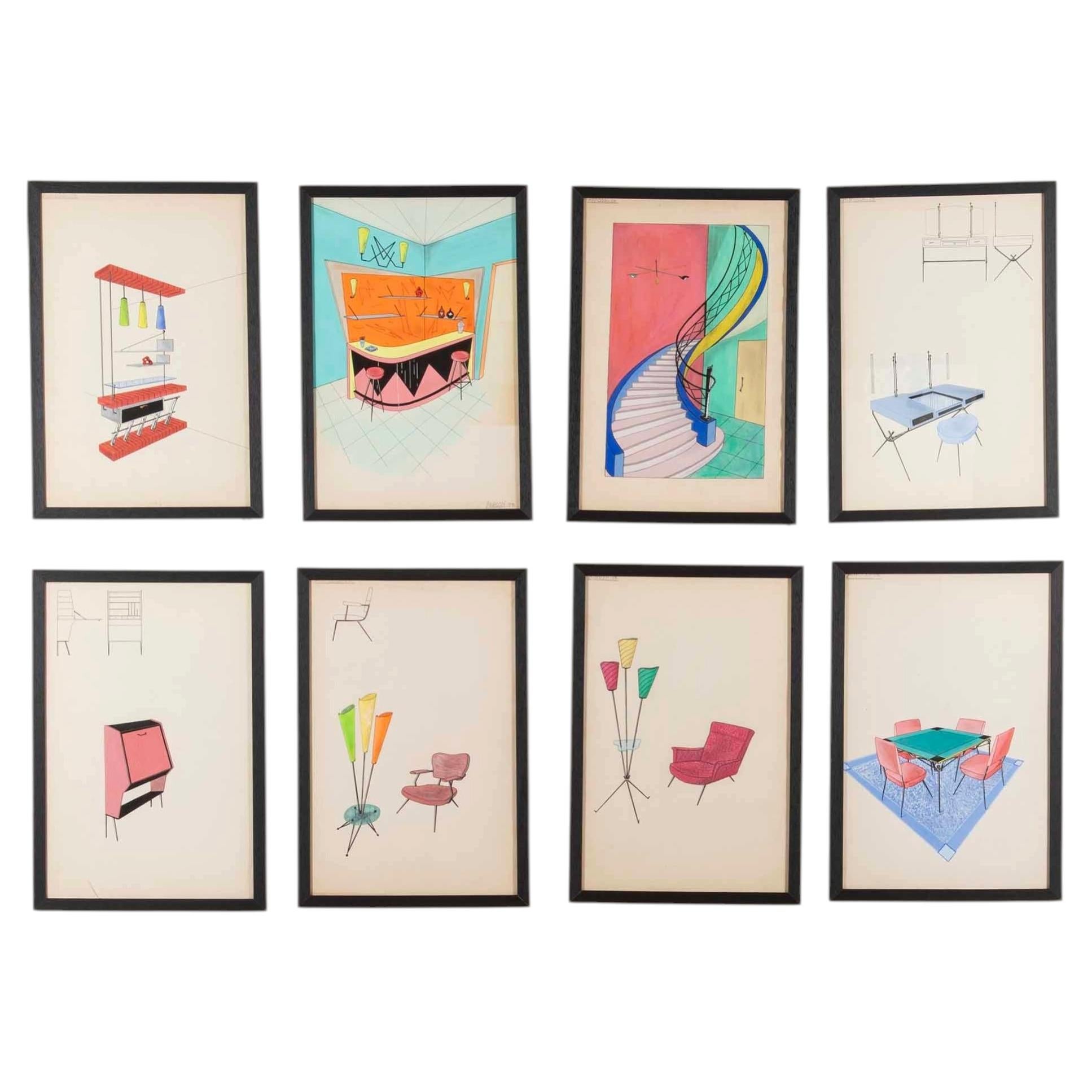 Collection of Eight Mid-Century Modern Interior & Furniture Design Watercolours