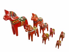 Collection of Eight Vintage Swedish Dala Horses by Nils Olsson, Sweden Folk Art