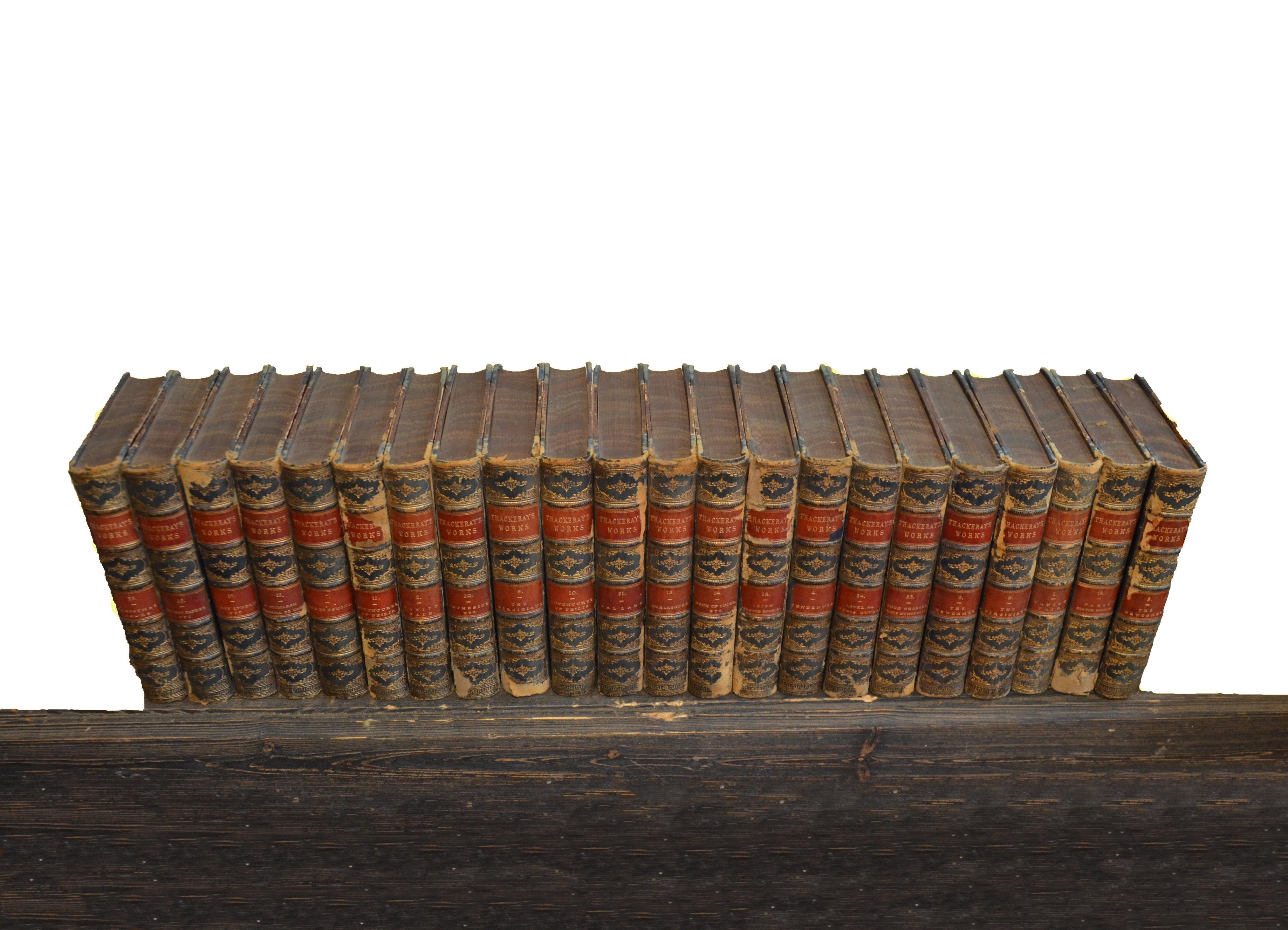 This attractive collection of leather-bound English Literature books contains a group of 22 books, in a warm rich tone of tan and black, with red trim and gold leaf embossing. Aside from a few books that have minor scuffs and scratches along with
