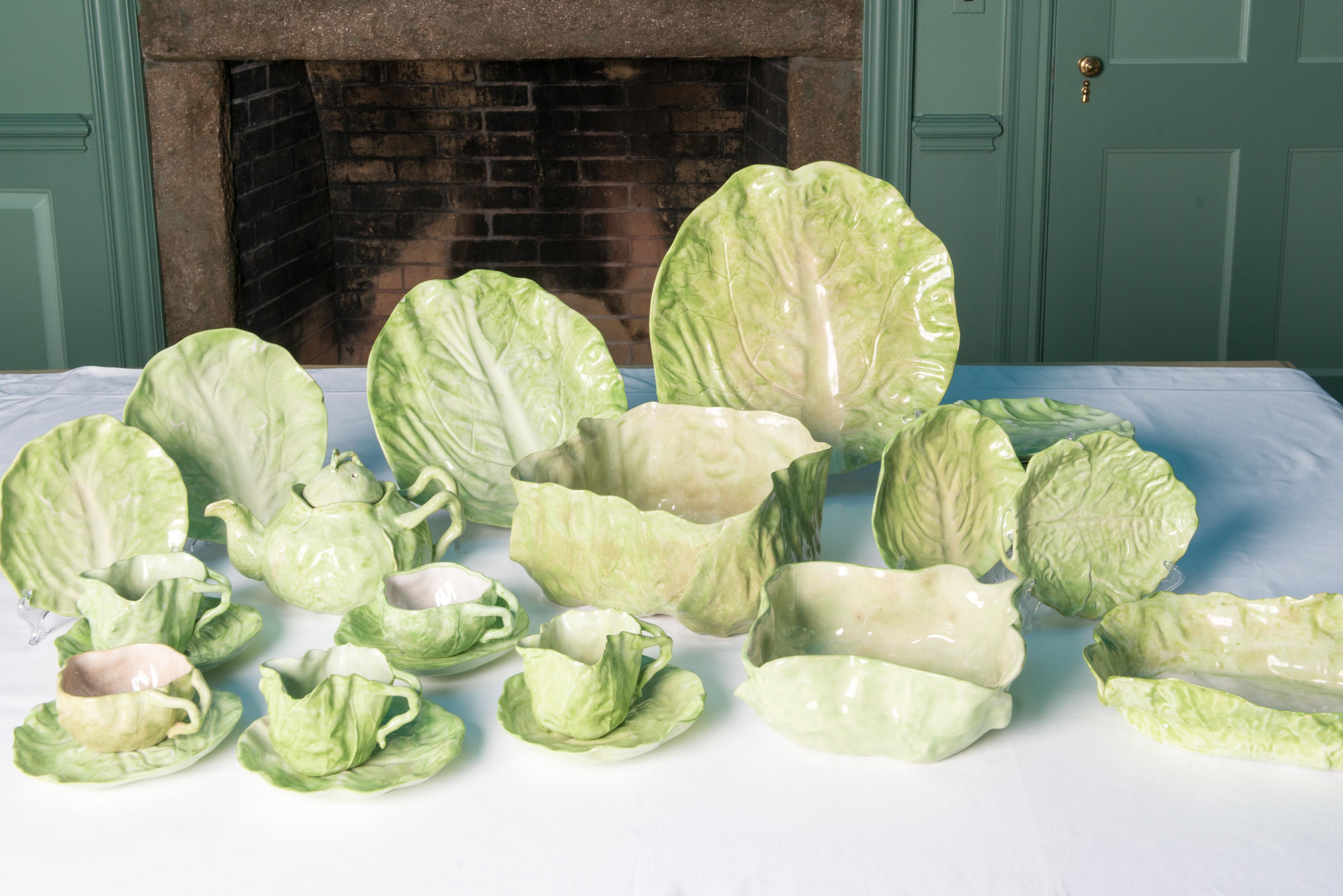 This is a large collection New Milford Wannopee green Lettuce Leaf pottery. These are rare and hard to find pieces. They are considered part of the Majolica family. Due to the age and the nature of the pottery, the green finish is often irregular