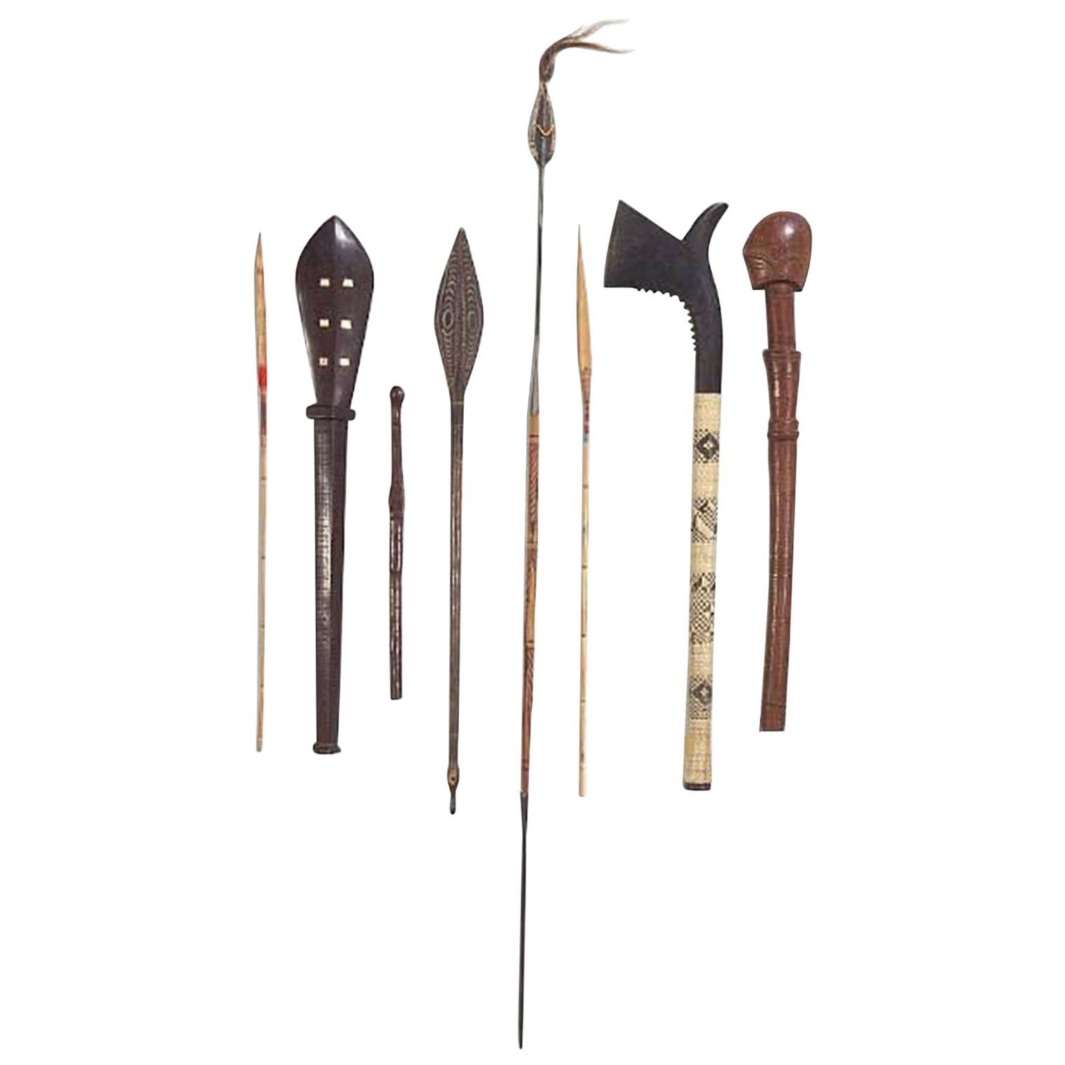 Collection of Fijian, Tongan, New Guinea and African War Clubs and Spears