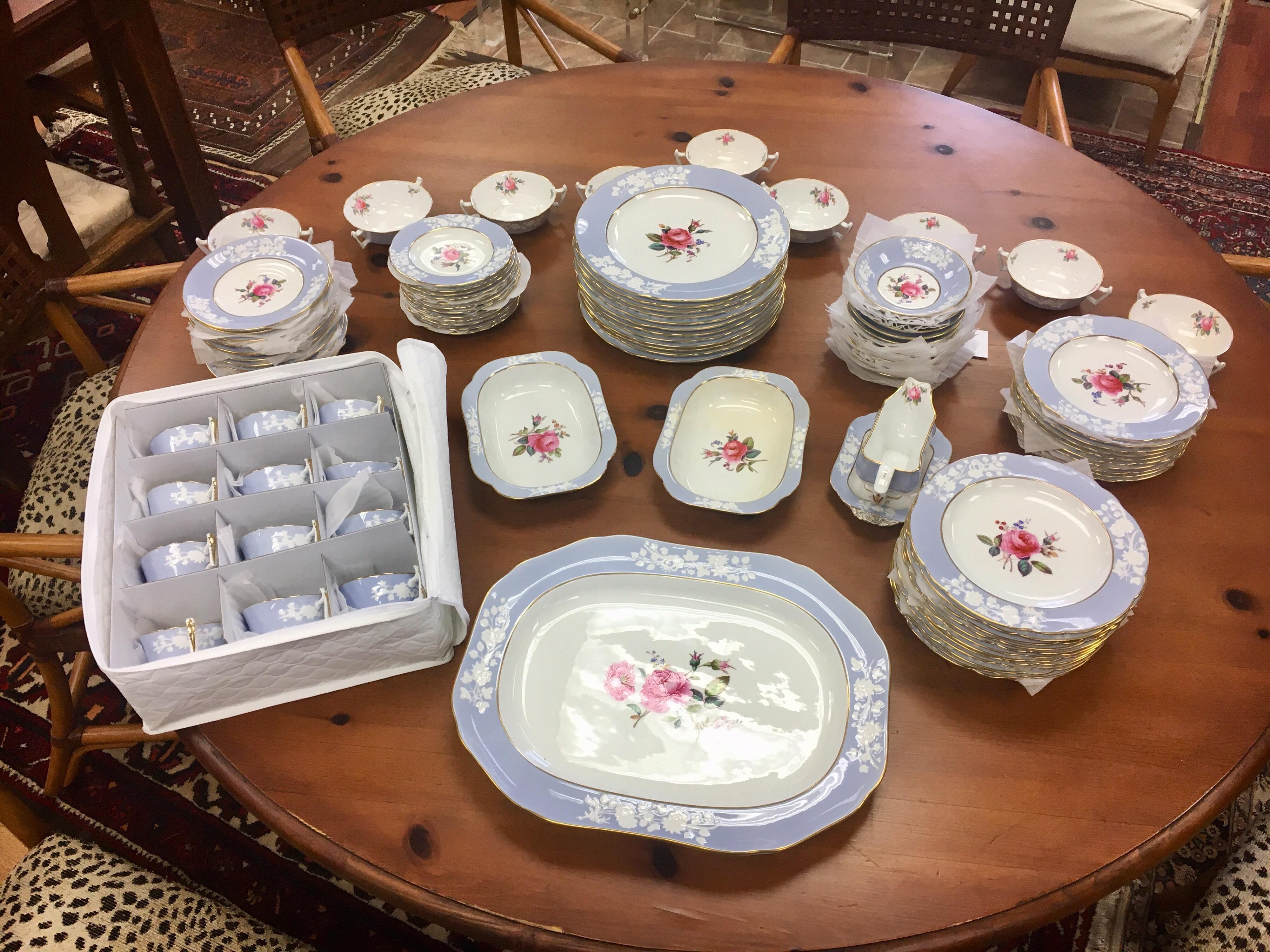 Immense ninety-six-piece set of Spode Fine China in the rare Maritime Rose pattern.
Service for twelve plus serving pieces and a huge platter. Details are:

1 extra large platter
2 serving bowls
1 gravy boat
9 double handle soup bowls
12 salad