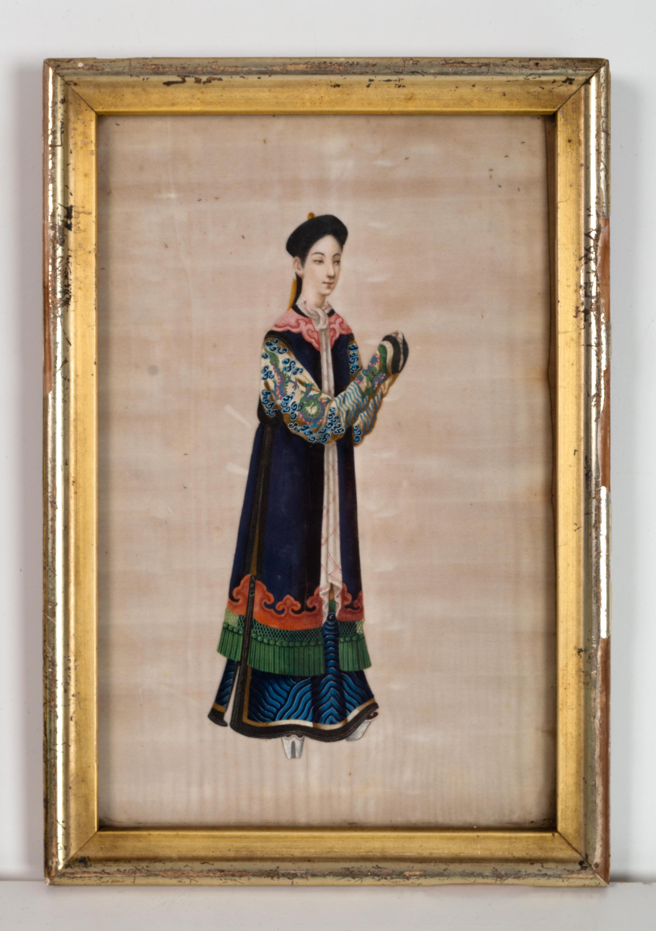 Collection of Five 19th Century Chinese Export Gouache Portraits on Pith Paper For Sale 3