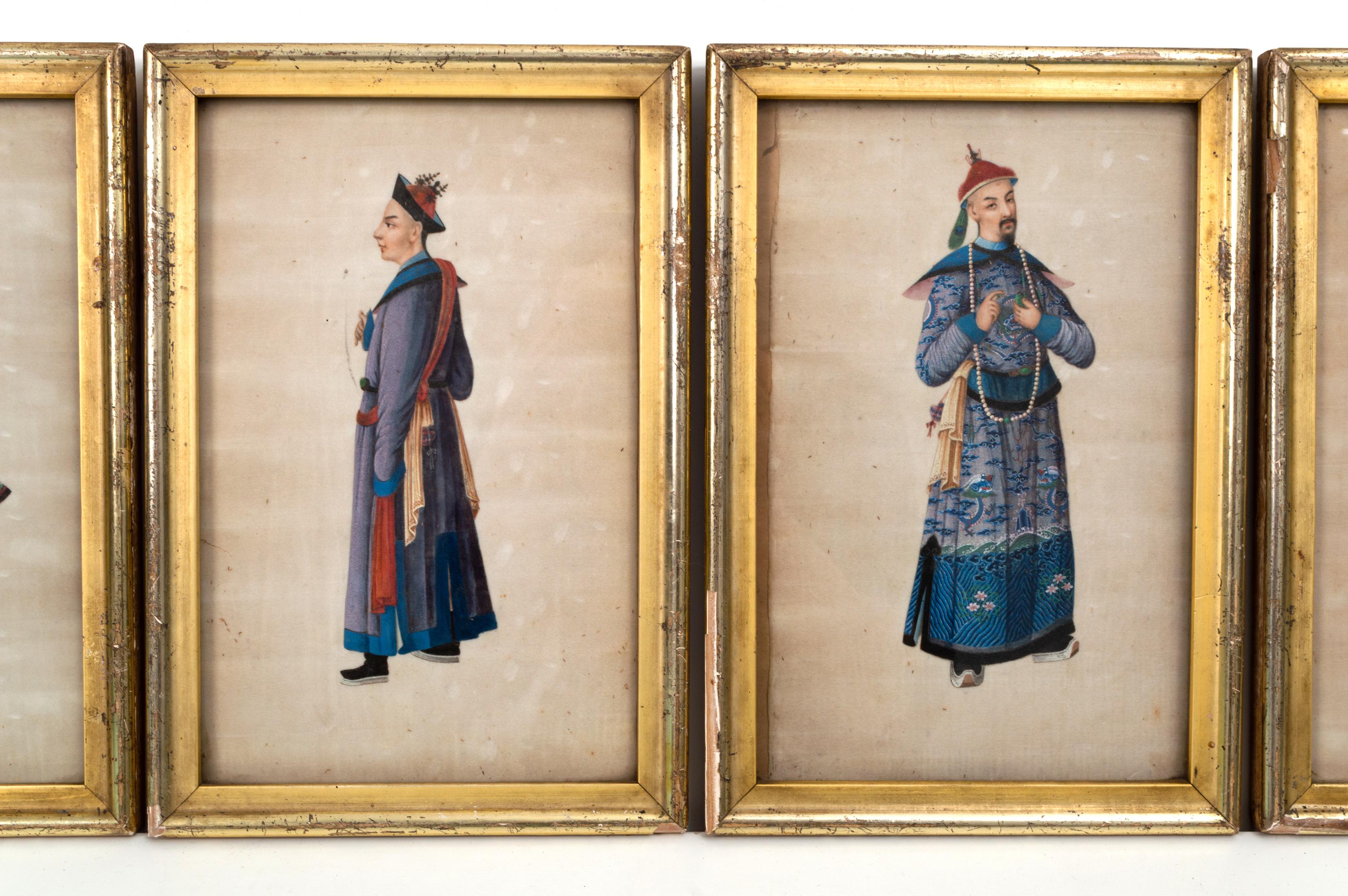 Collection de cinq portraits à la gouache sur papier de riz d'exportation chinoise du 19e siècle en vente 2