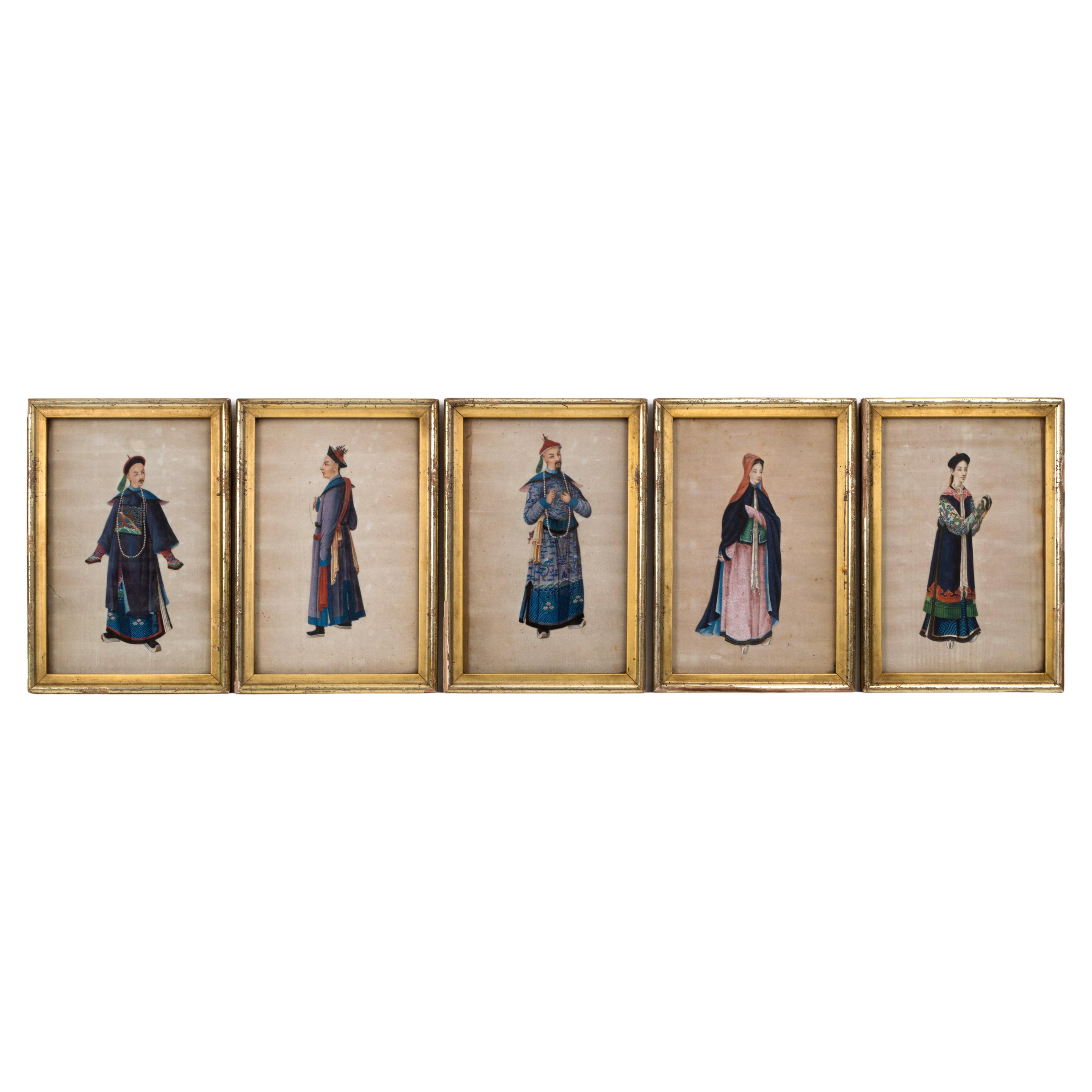 Collection de cinq portraits à la gouache sur papier de riz d'exportation chinoise du 19e siècle en vente