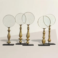 Collezione di cinque lenti d'ingrandimento inglesi in ottone del XIX secolo su supporti in acciaio