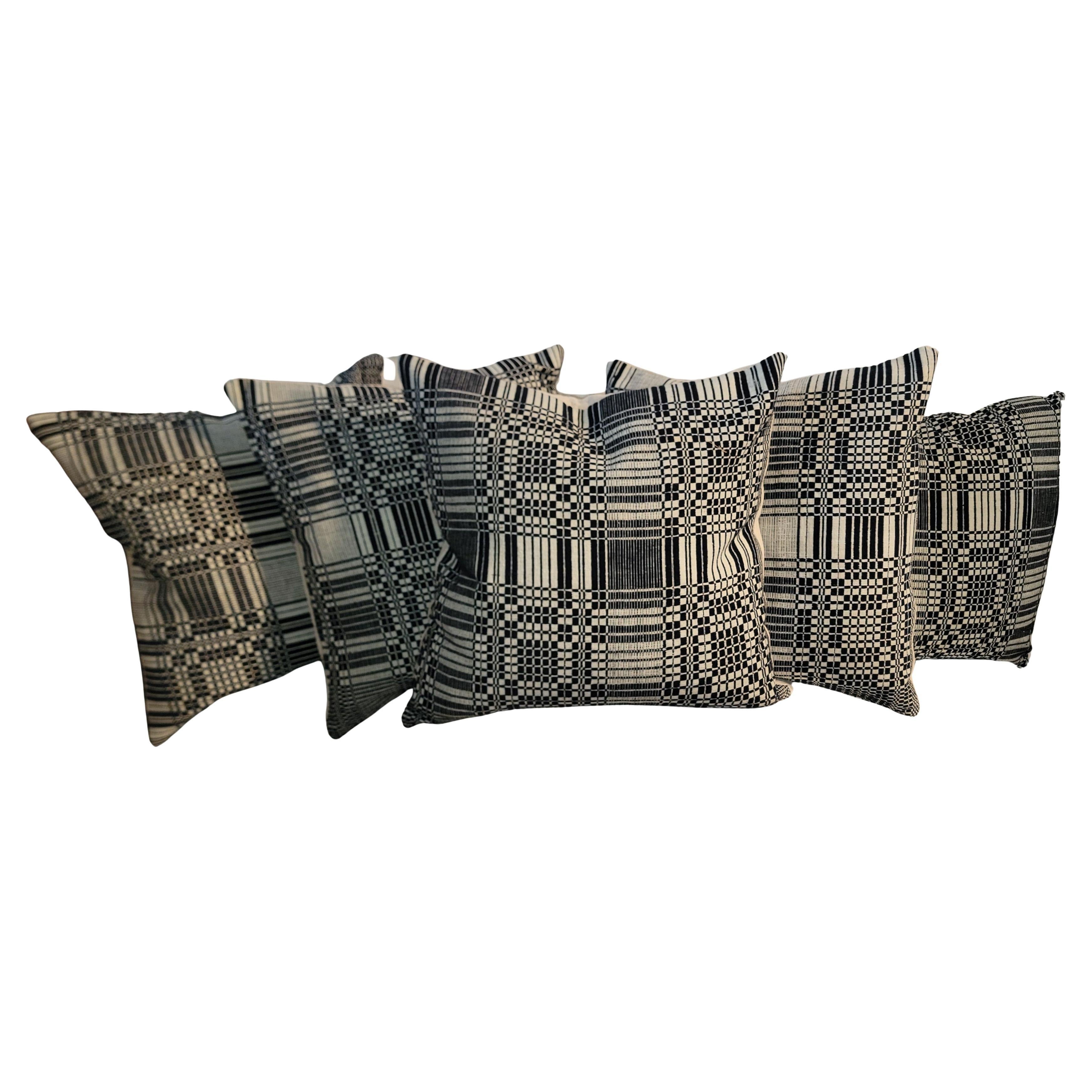 Collection of Five 19thc Blue & White Coverlet Pillows For Sale