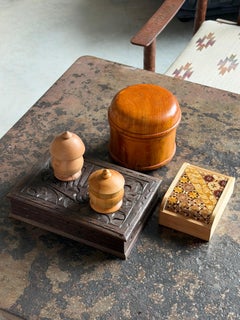 Collection of Five Turned Wood Artisan-Created, Hand-Carved, Wood Boxes, Japan