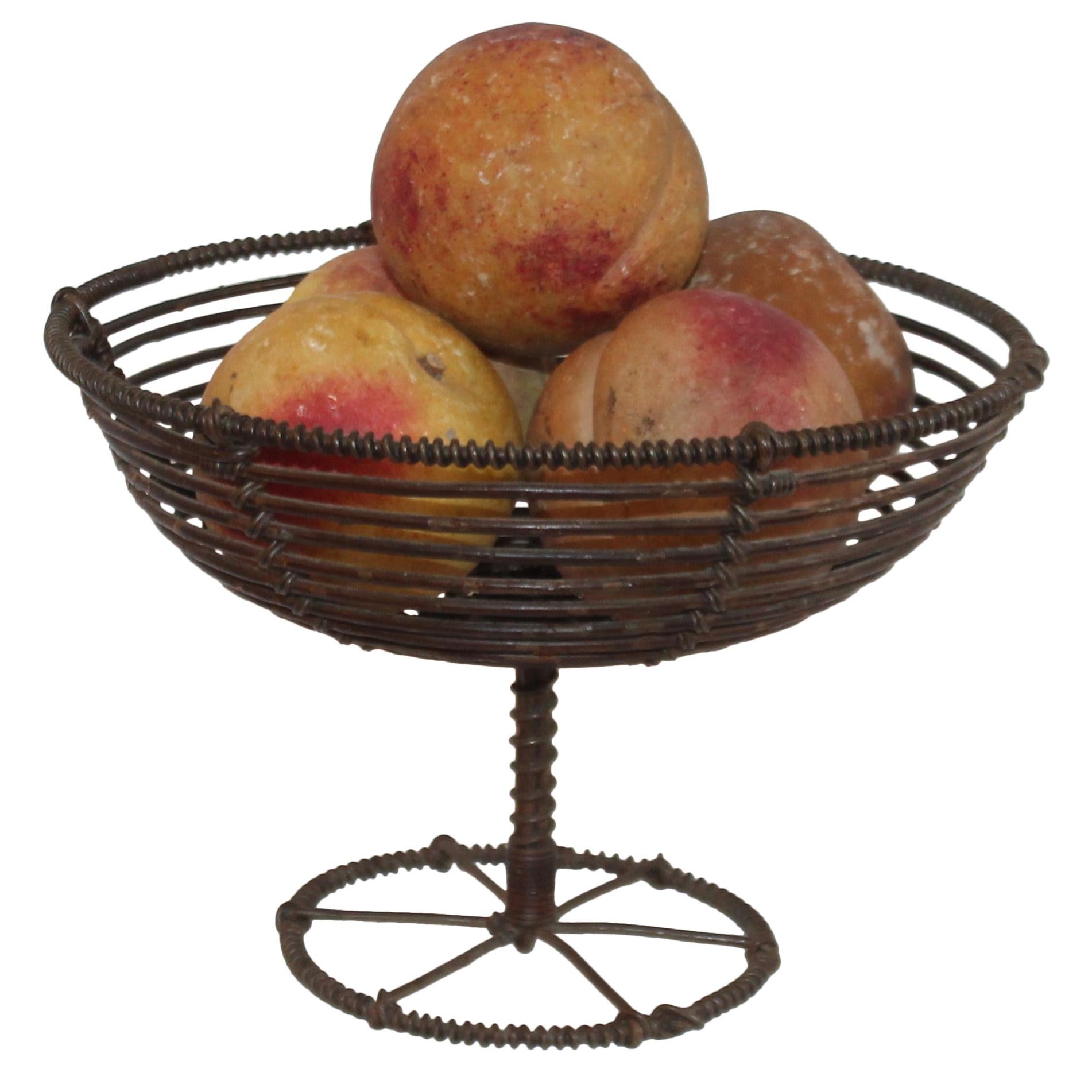 Collection of Five Alabaster Peaches W / a 19th Century Wire Compote For Sale