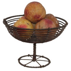 Antique Collection of Five Alabaster Peaches W / a 19th Century Wire Compote