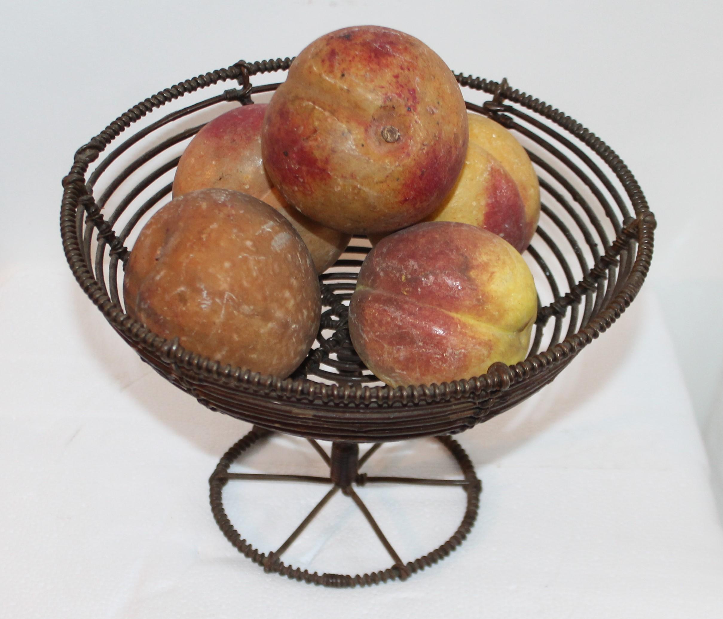 Adirondack Collection of Five Alabaster Peaches W / a 19th Century Wire Compote For Sale