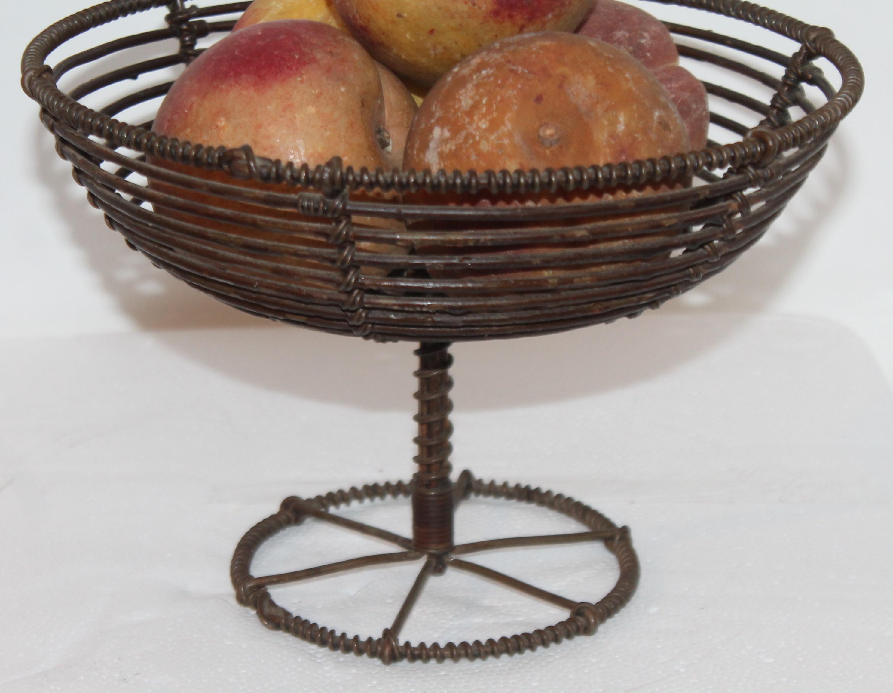 American Collection of Five Alabaster Peaches W / a 19th Century Wire Compote For Sale