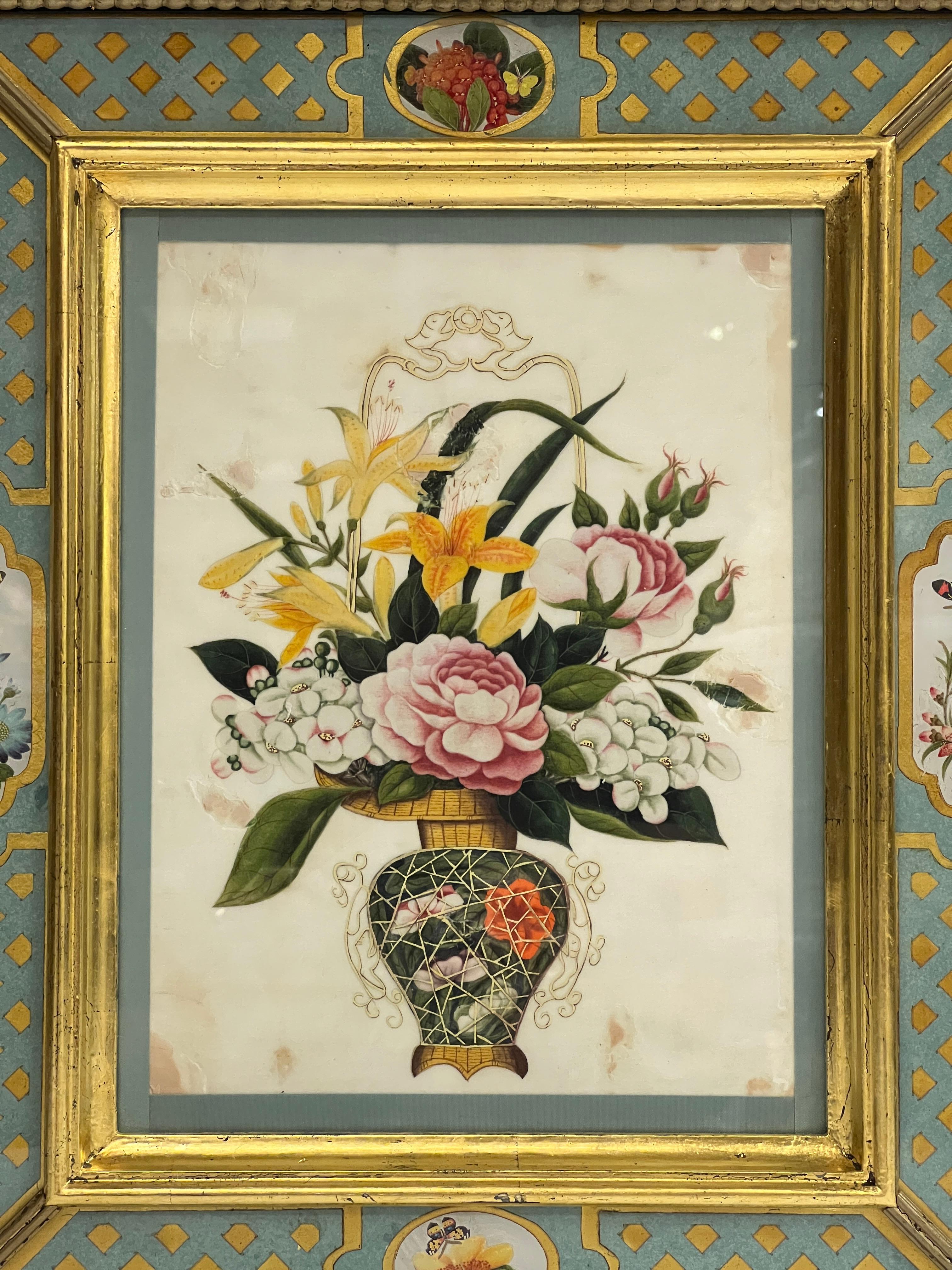 Colección de cinco acuarelas florales chinas antiguas en marcos artesanales 2