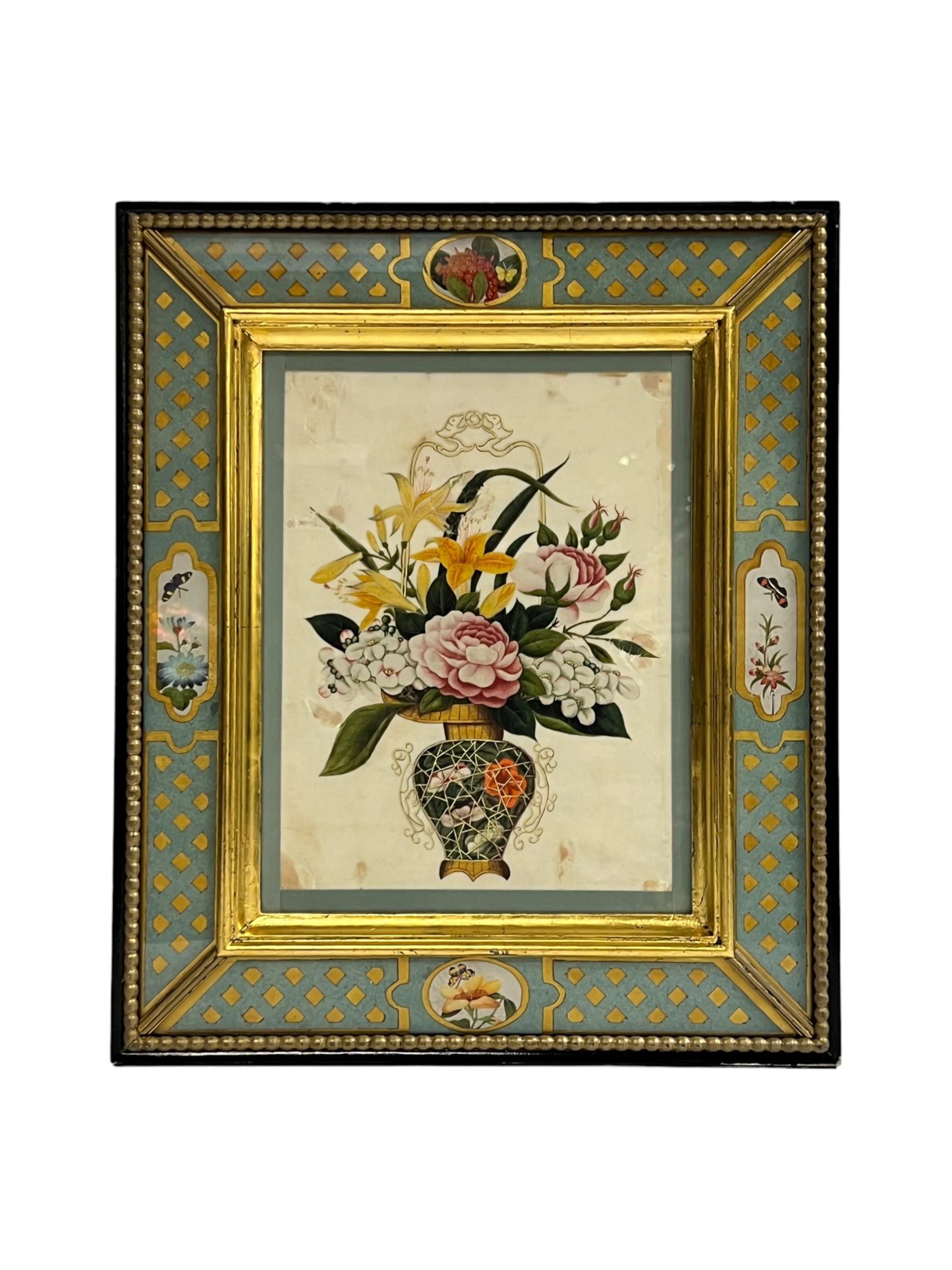 Colección de cinco acuarelas florales chinas antiguas en marcos artesanales 3
