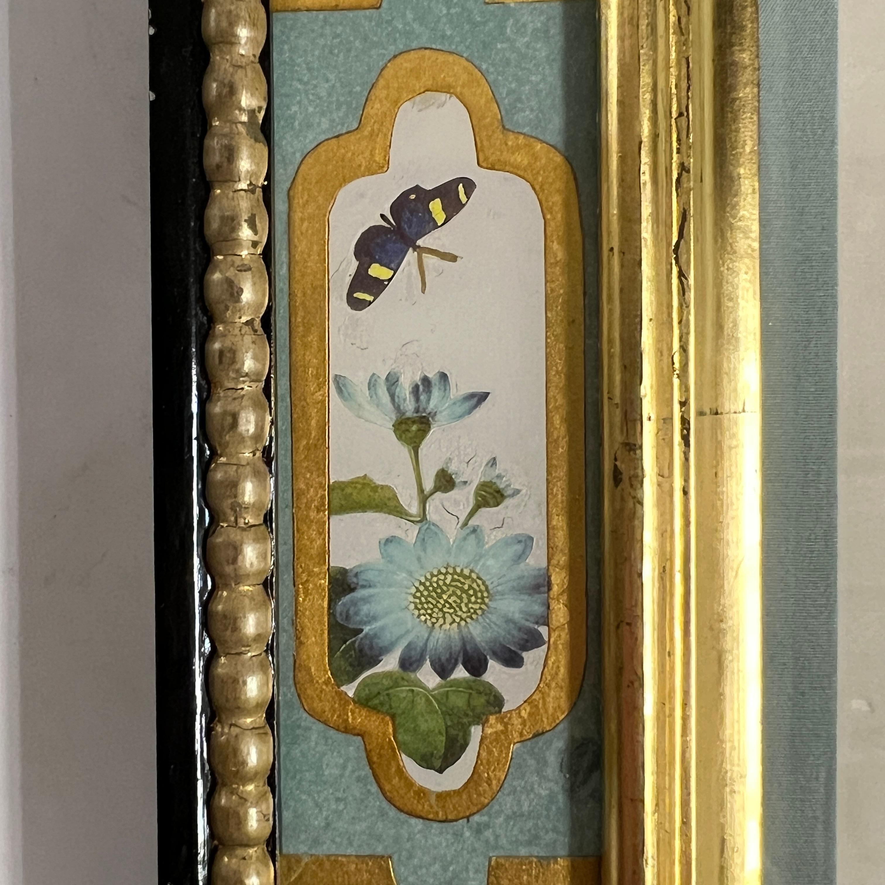 Colección de cinco acuarelas florales chinas antiguas en marcos artesanales 5
