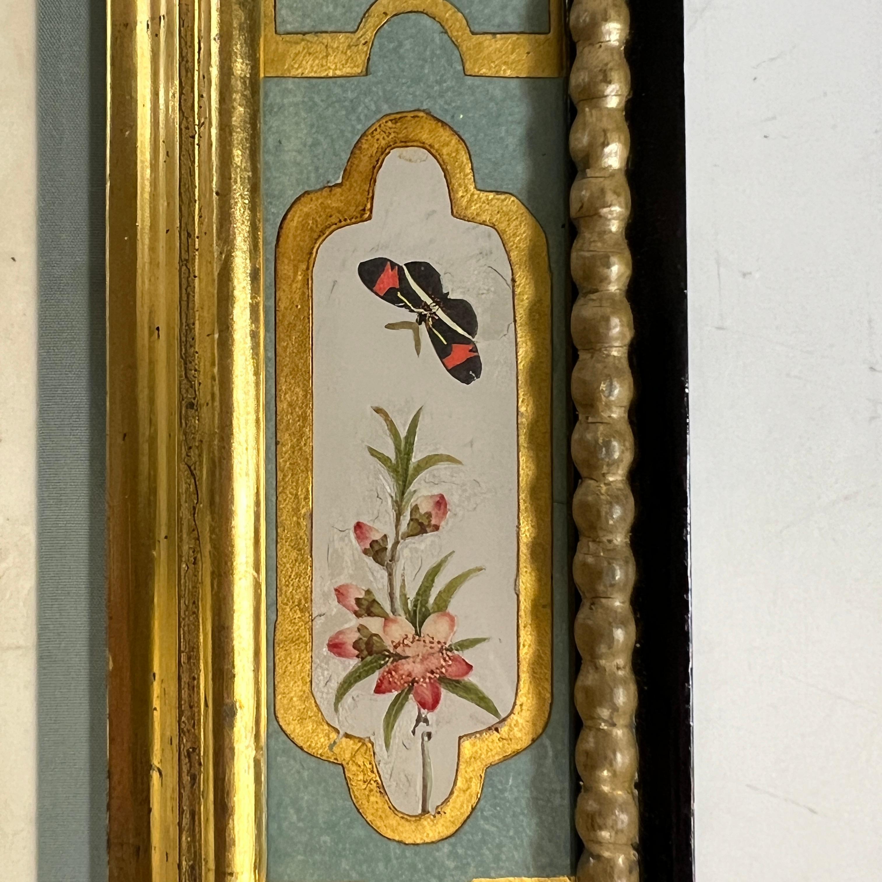 Colección de cinco acuarelas florales chinas antiguas en marcos artesanales 8
