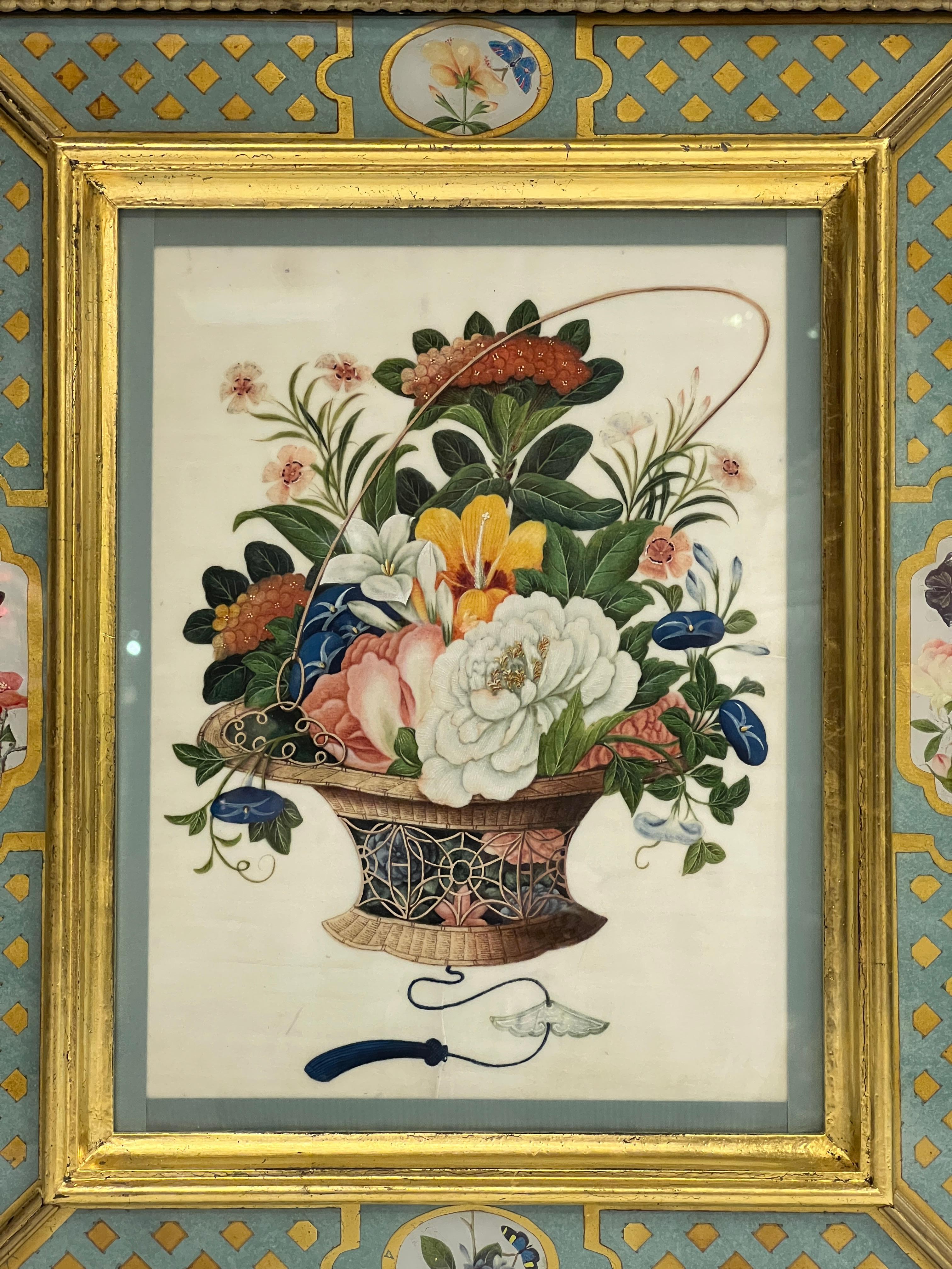 Colección de cinco acuarelas florales chinas antiguas en marcos artesanales Chino