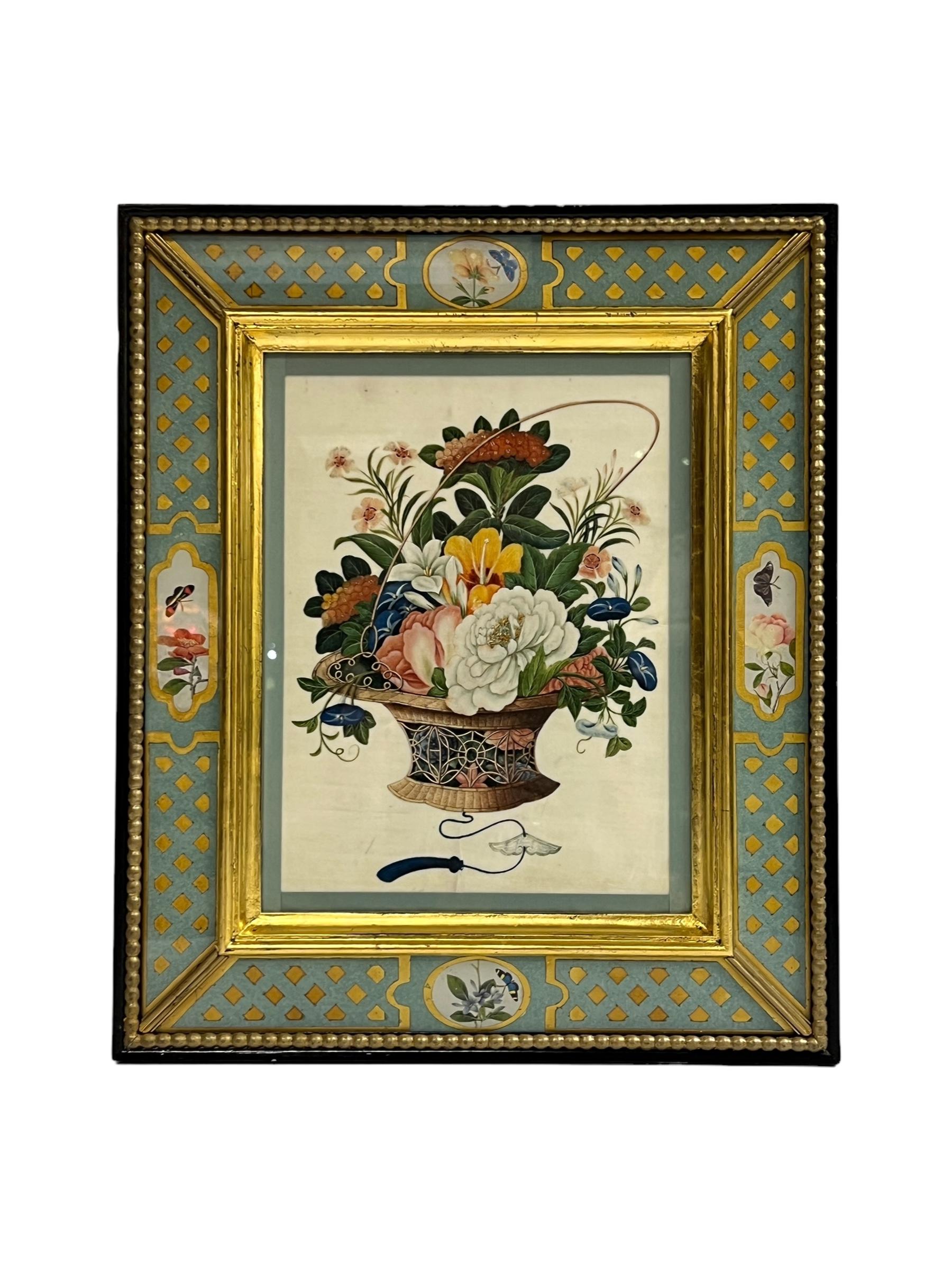 Colección de cinco acuarelas florales chinas antiguas en marcos artesanales Pintado a mano