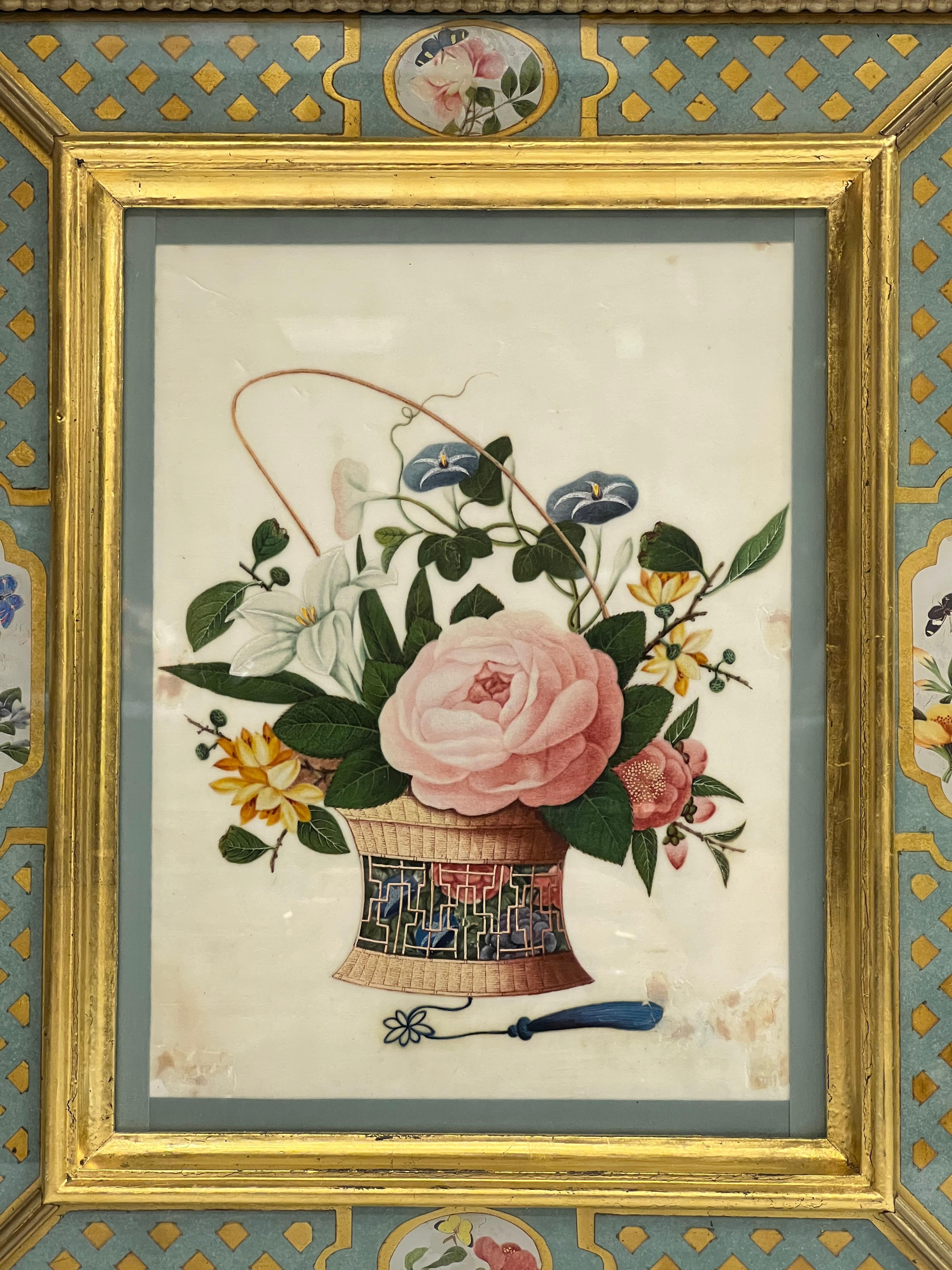 Colección de cinco acuarelas florales chinas antiguas en marcos artesanales en Bueno Estado en New York, NY