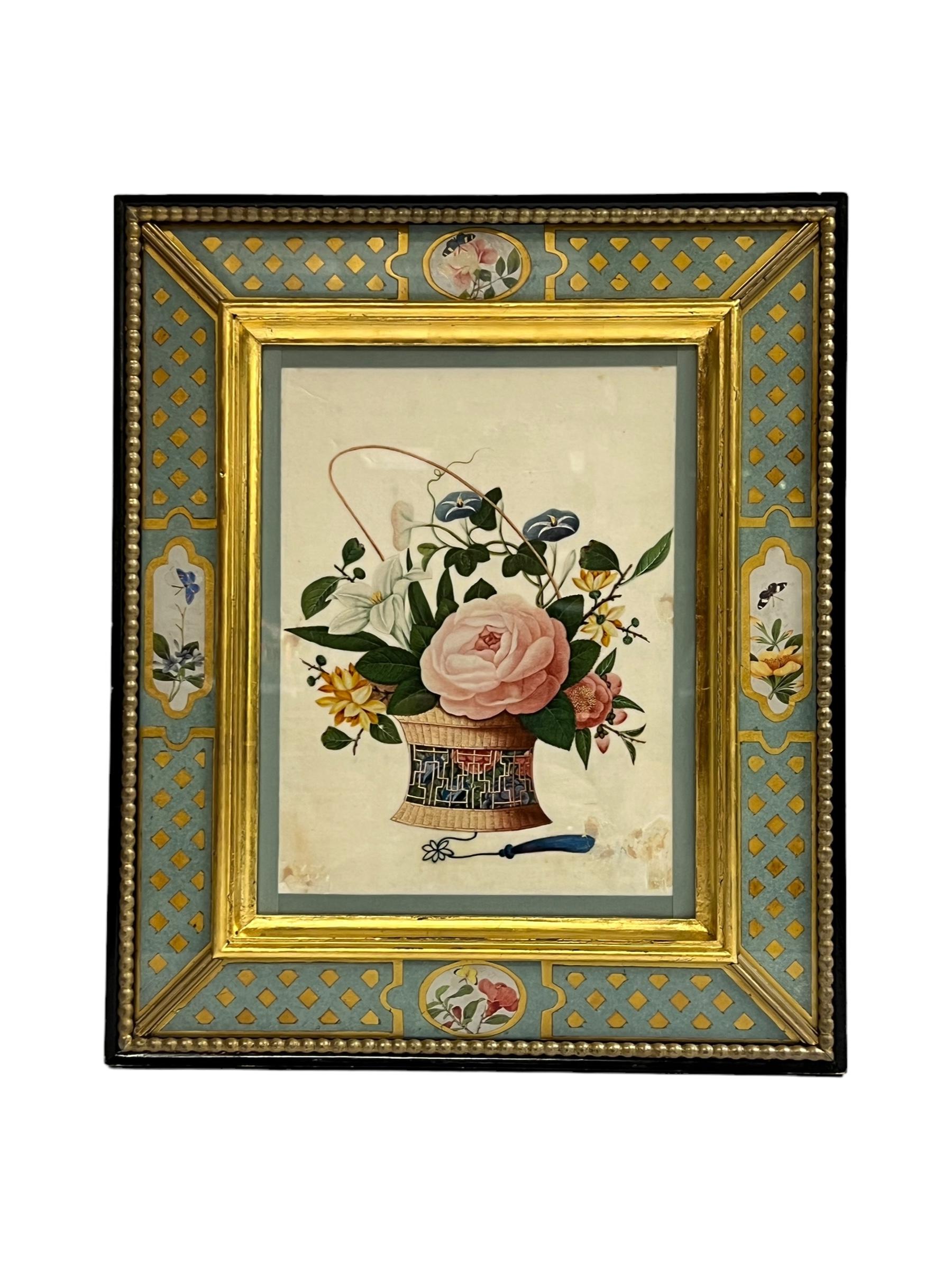 Colección de cinco acuarelas florales chinas antiguas en marcos artesanales siglo XX