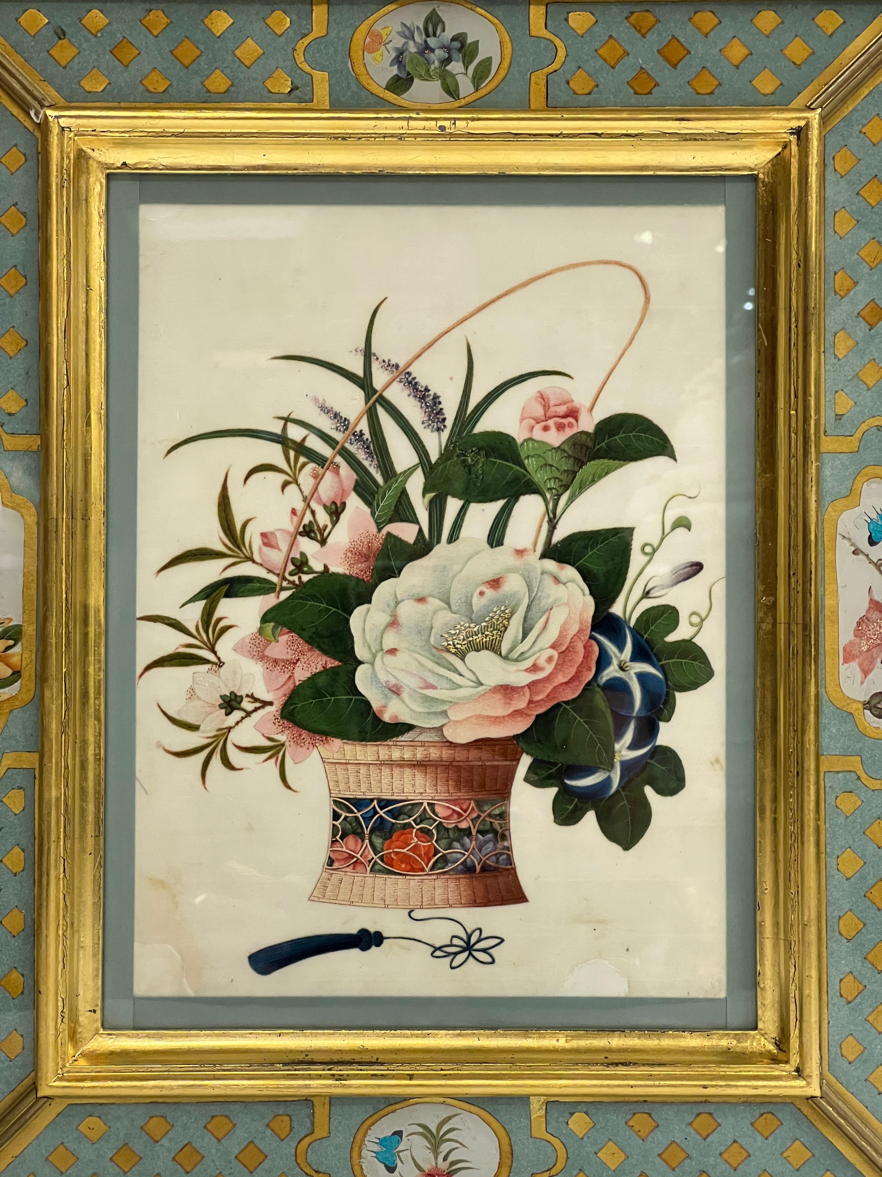 Colección de cinco acuarelas florales chinas antiguas en marcos artesanales Papel