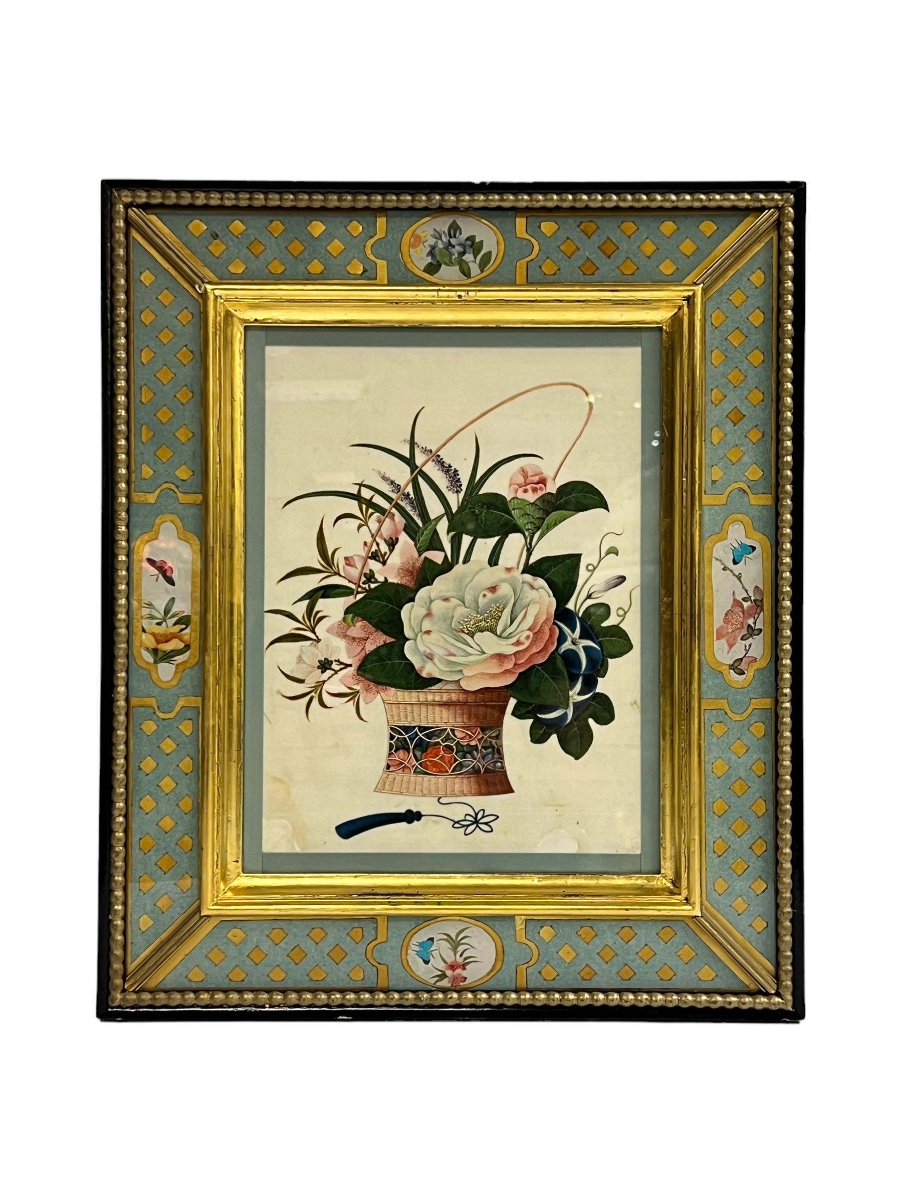 Colección de cinco acuarelas florales chinas antiguas en marcos artesanales 1