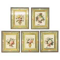 Colección de cinco acuarelas florales chinas antiguas en marcos artesanales