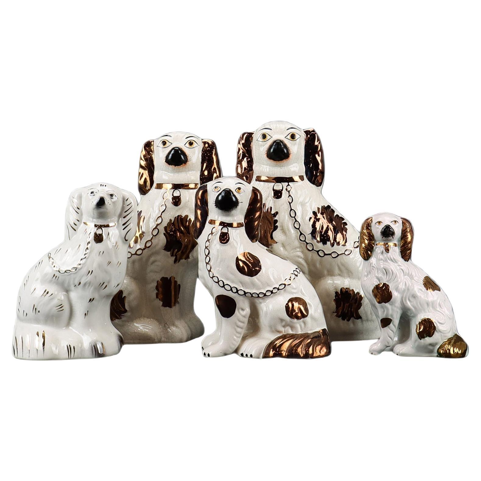 Collection of Five Antique Staffordshire Pottery Spaniel Mantle Dogs