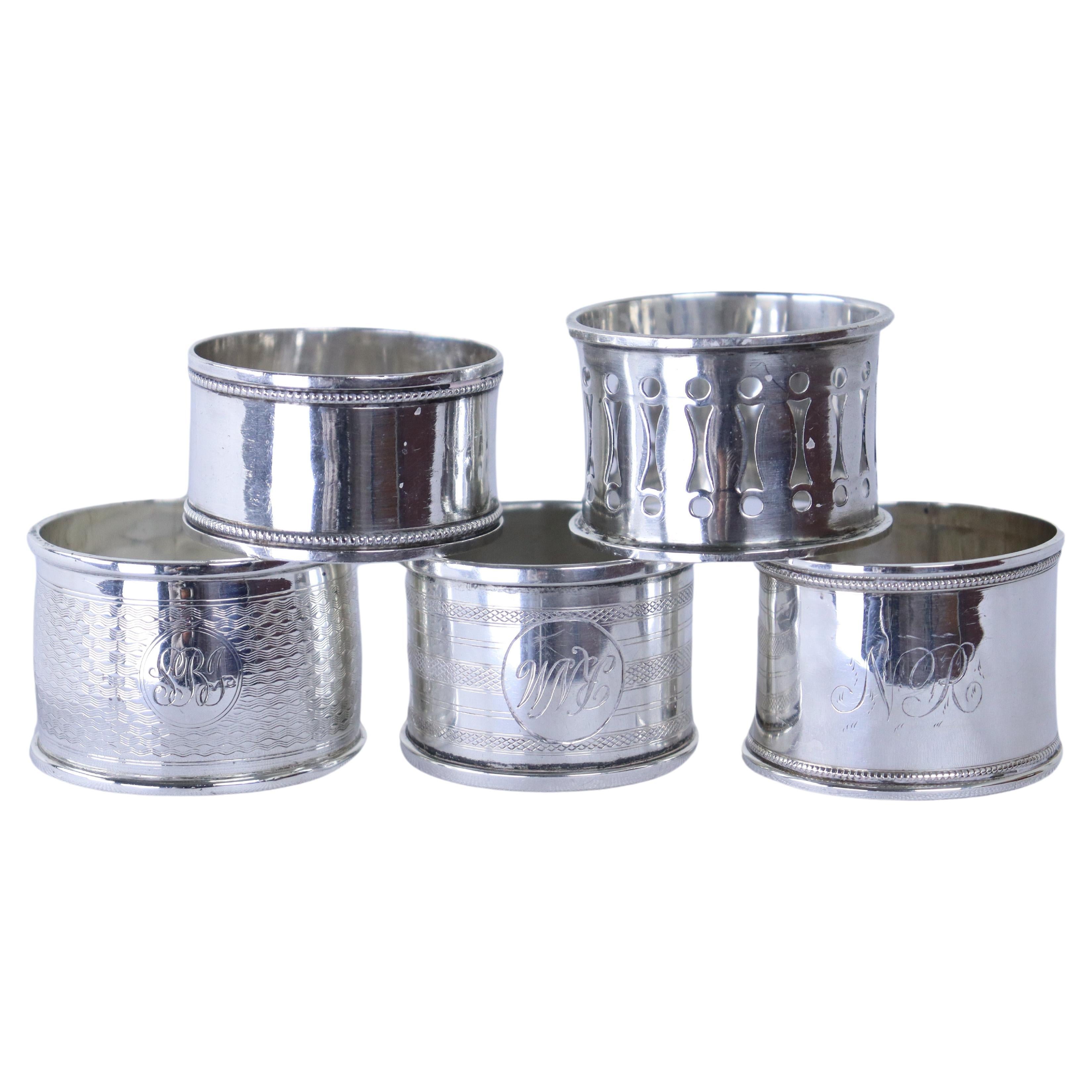 Collection of Five Assorted English Hallmarked Silver Napkin Rings, Birmingham For Sale