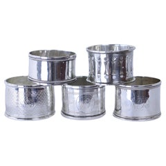 Used Collection of Five Assorted English Hallmarked Silver Napkin Rings, Birmingham