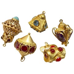 Vintage Collection of five, big 18K gold gemstone pendants. Suitable for charm bracelet.