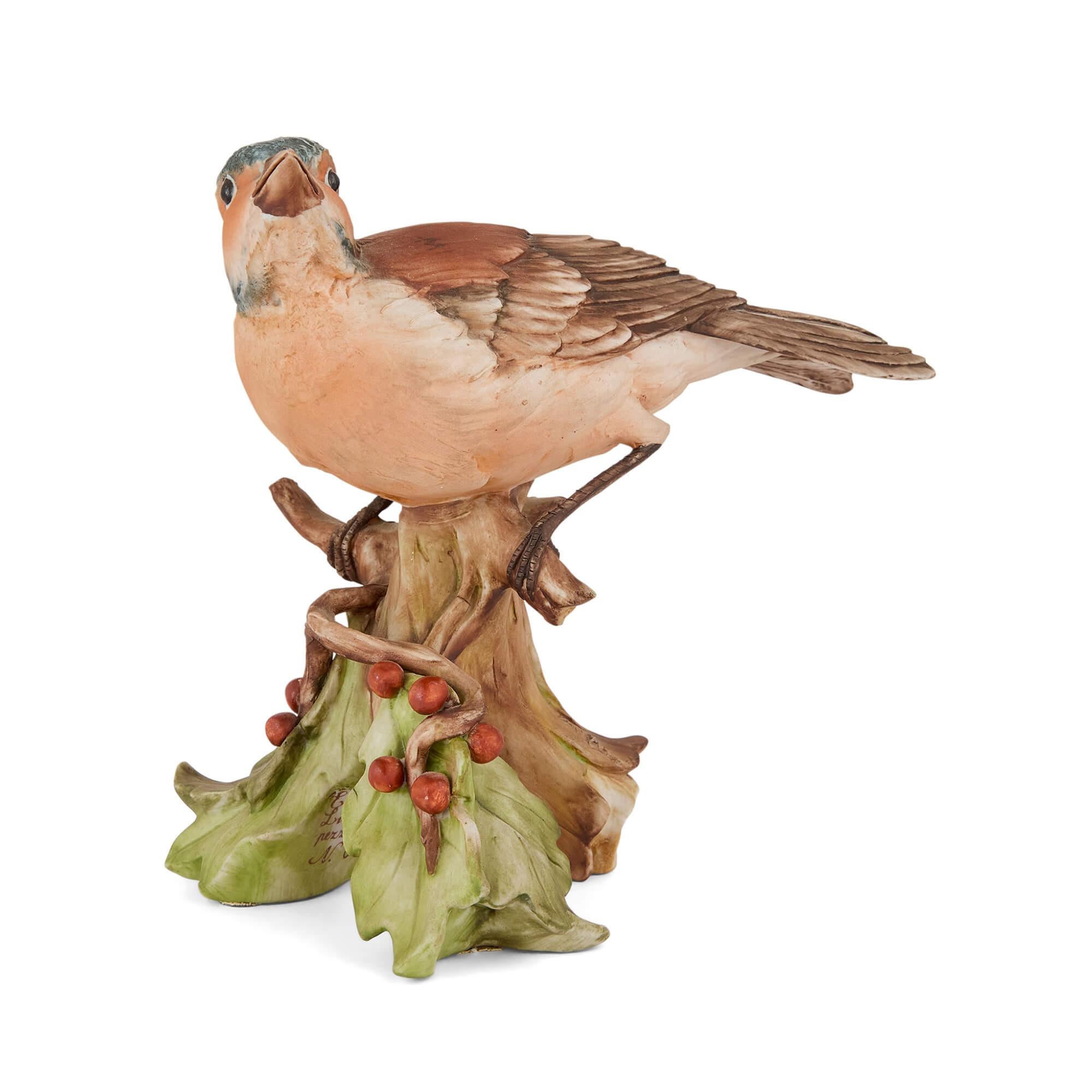 Collezione di cinque modelli di uccelli in porcellana di bisquit 
Continentale, 20° secolo 
Il più grande: Altezza 15cm, larghezza 14cm, profondità 11cm

Questo splendido set di cinque statuette di uccelli mette in mostra la delicata arte della