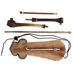 Collection of Five Chinese Opium Travel Pipes and Yak Fur Pouch, 1800s