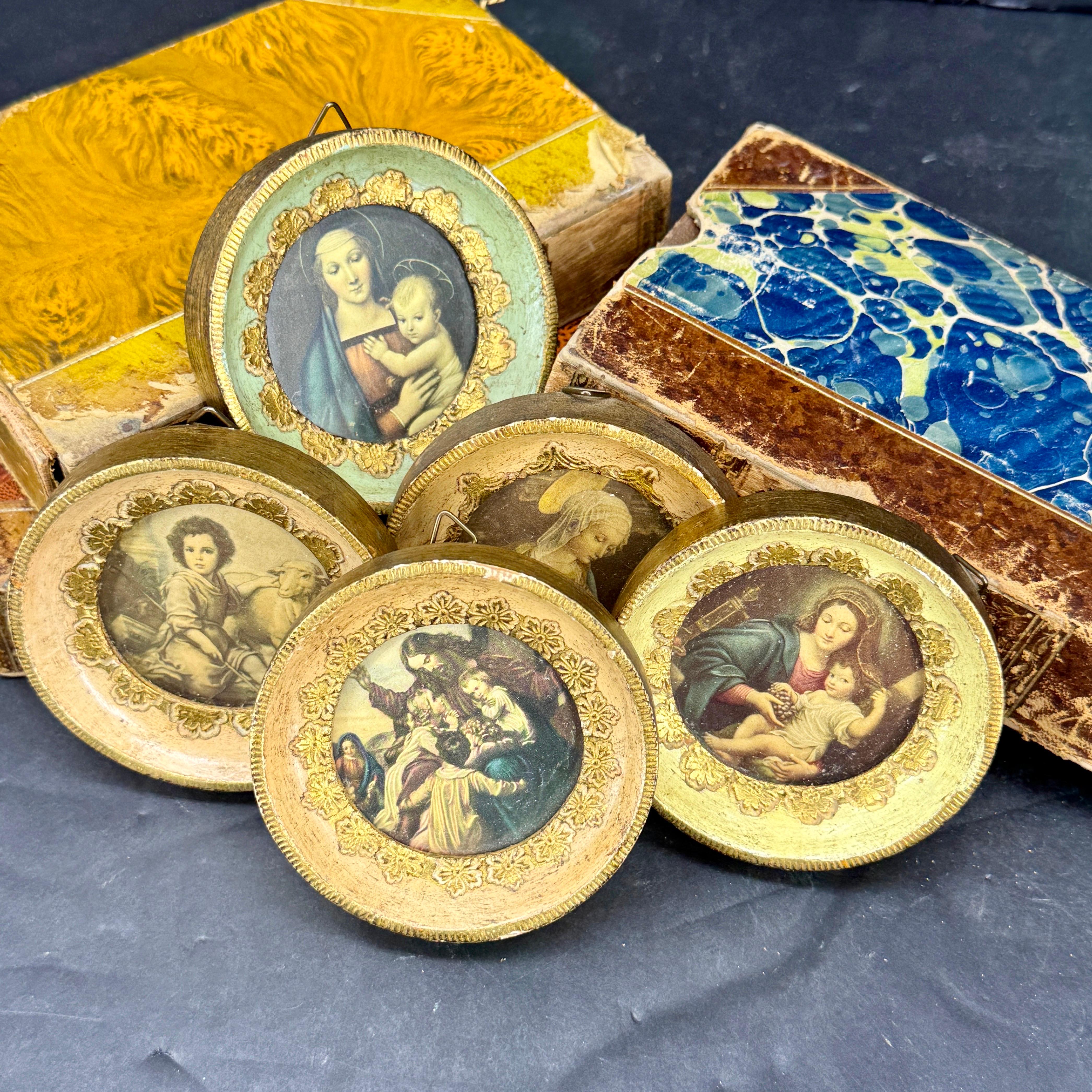 Great grouping of Florentine frames from Italy. Can be used in a grouping or stand alone with the religious photos inside or replaced holding your own photos. 