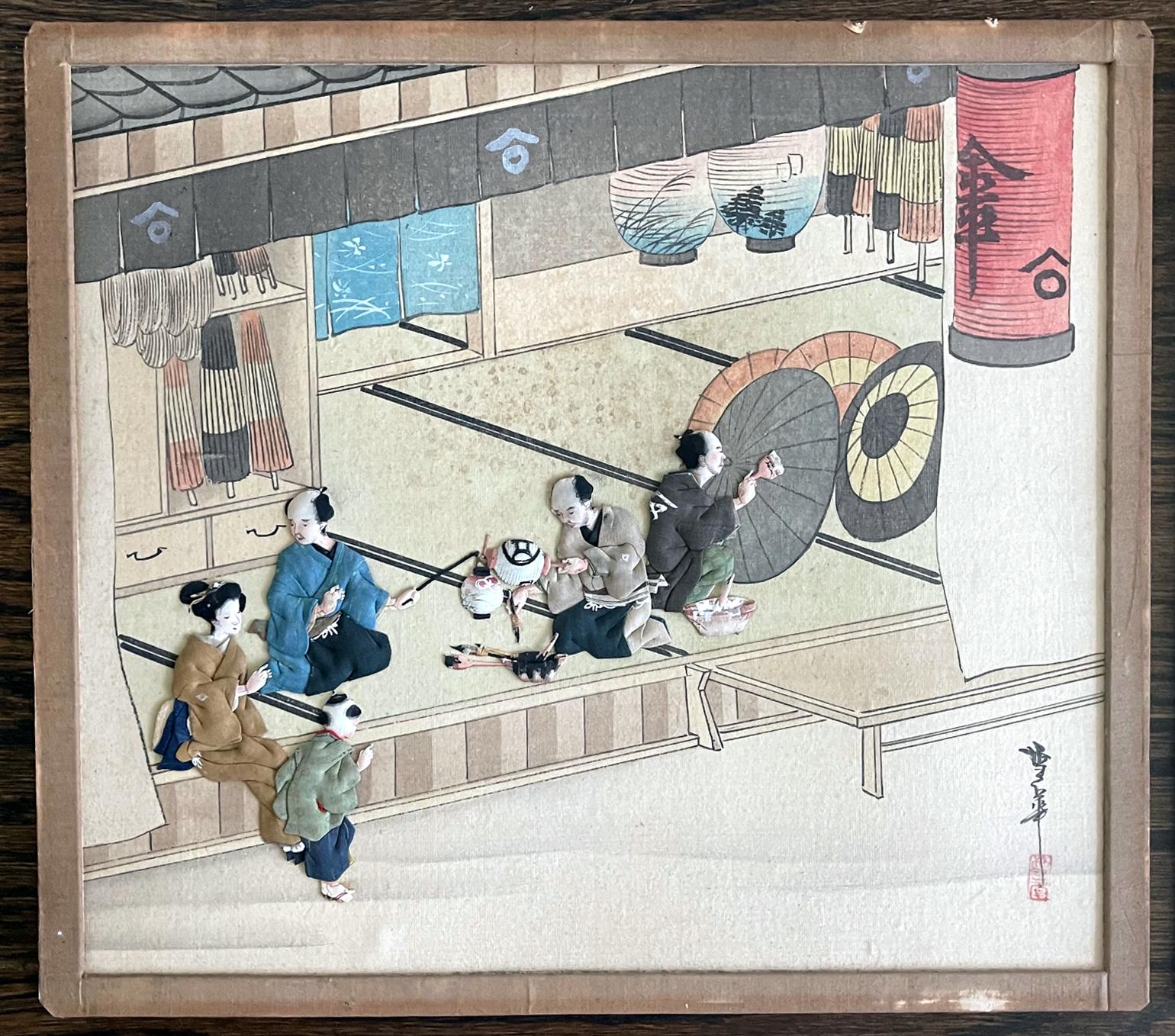 On offer is a set of five Japanese textile art panels called Oshi-E circa Meiji Period (1868-1912). This usual set of panels depict various aspects of daily life in Edo time with beautiful details. Some of these panels are snapshots of the buzzling