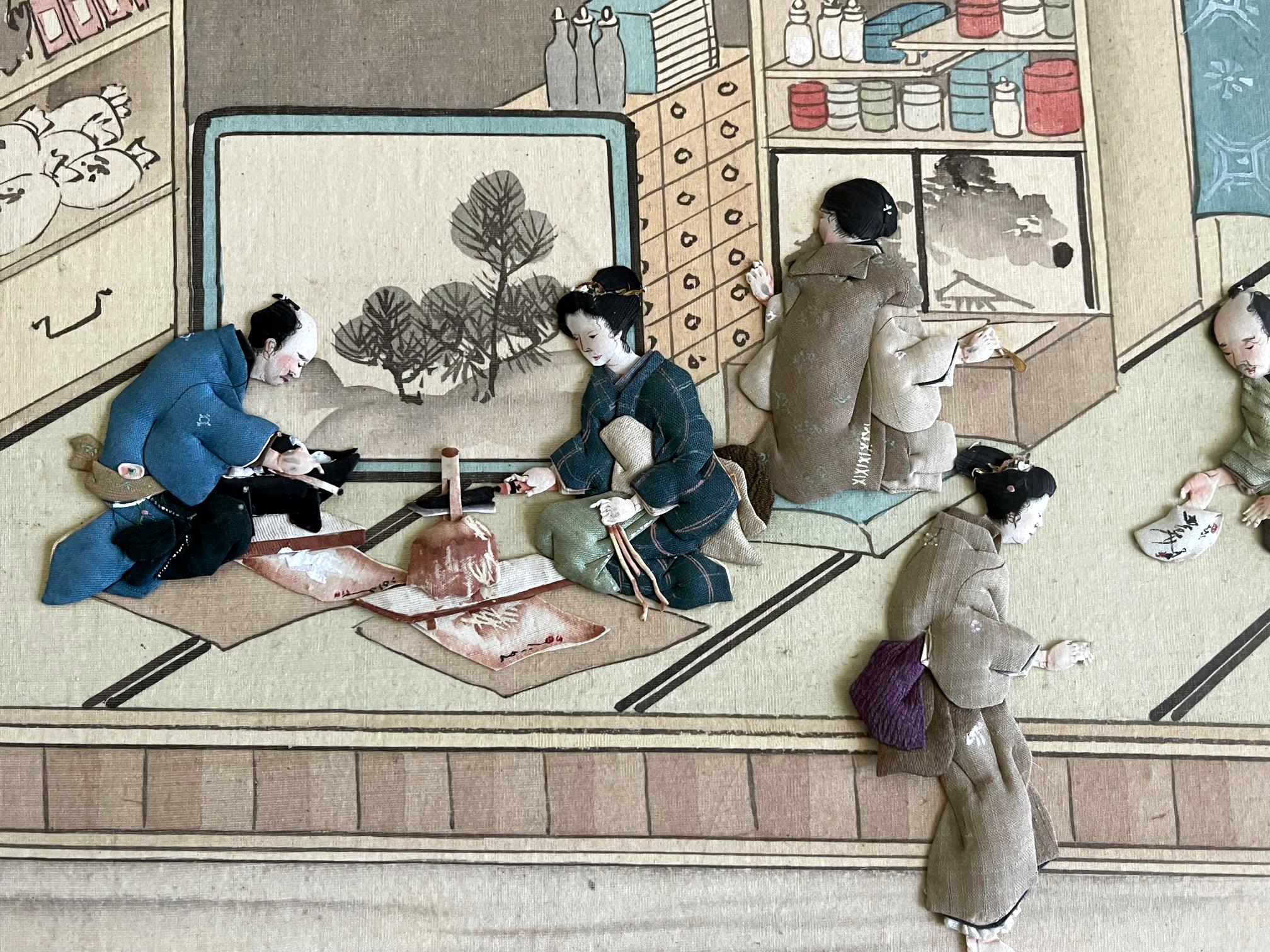 Silk Collection of Five Japanese Oshi-E Textile Art Panels Meiji Period For Sale