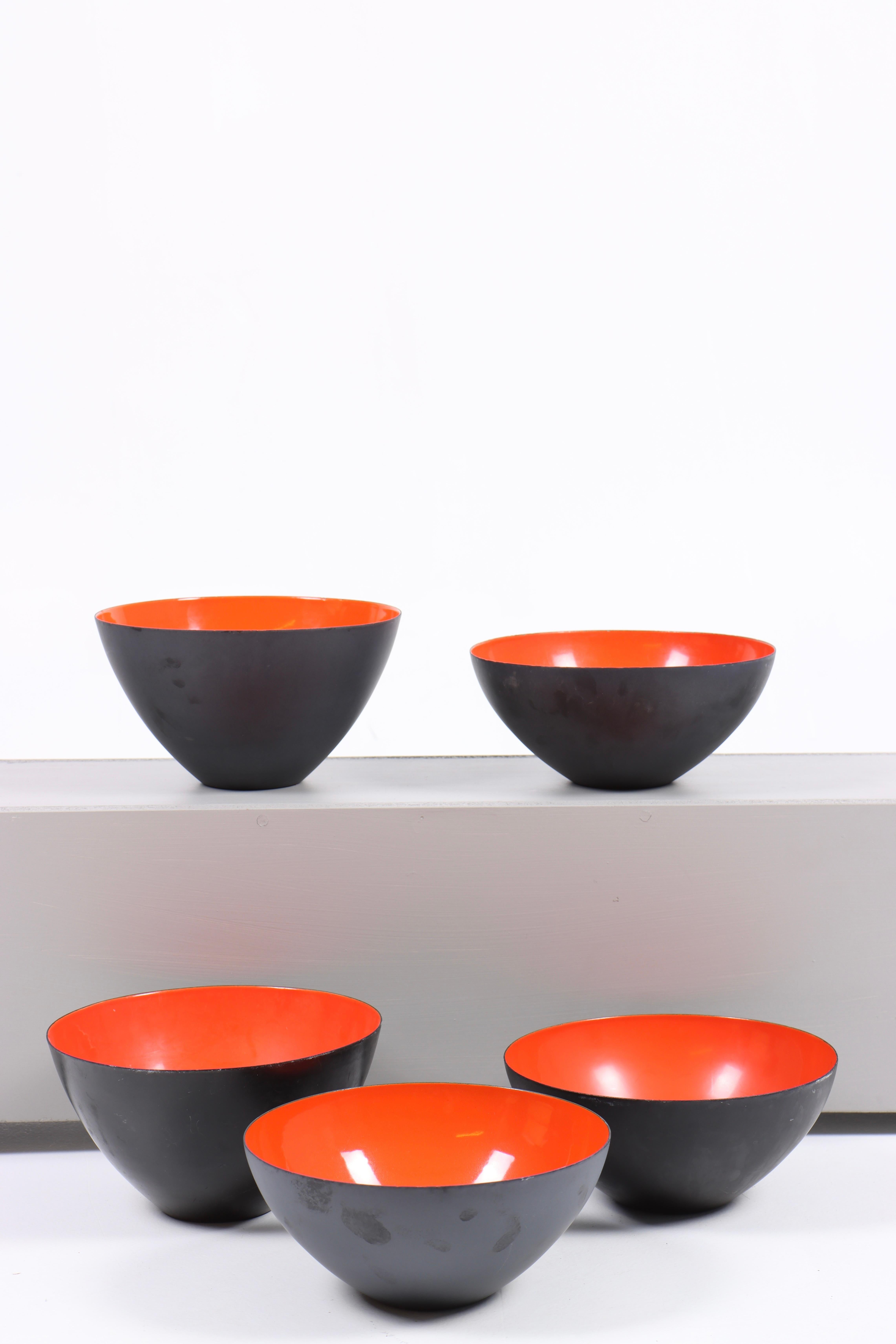 Set of 5 bowls in metal and enameled. Designed by Herbert Krenchel and made by Torben Ørskov. Great original condition.